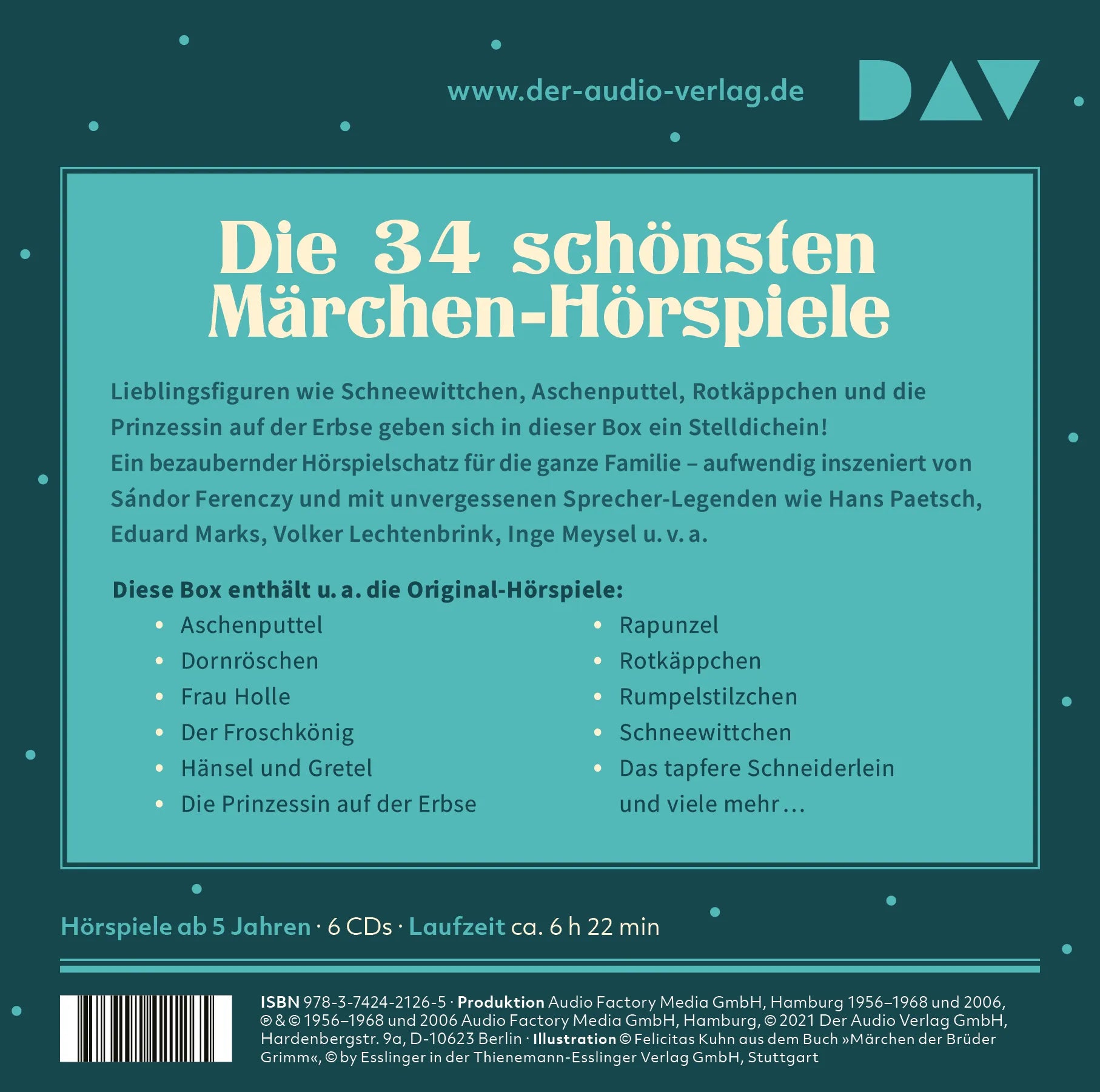 Buchrückseite von 'Meine Märchen-Box – Die 34 schönsten Märchen-Hörspiele' mit Klappentext - Hörbuch (CD)