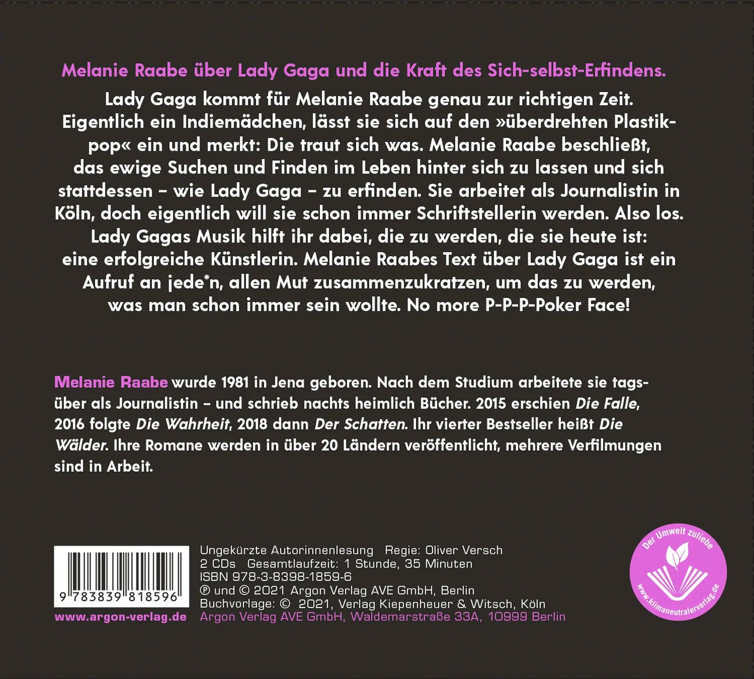Buchrückseite von 'Melanie Raabe über Lady Gaga' mit Klappentext - Hörbuch (CD)