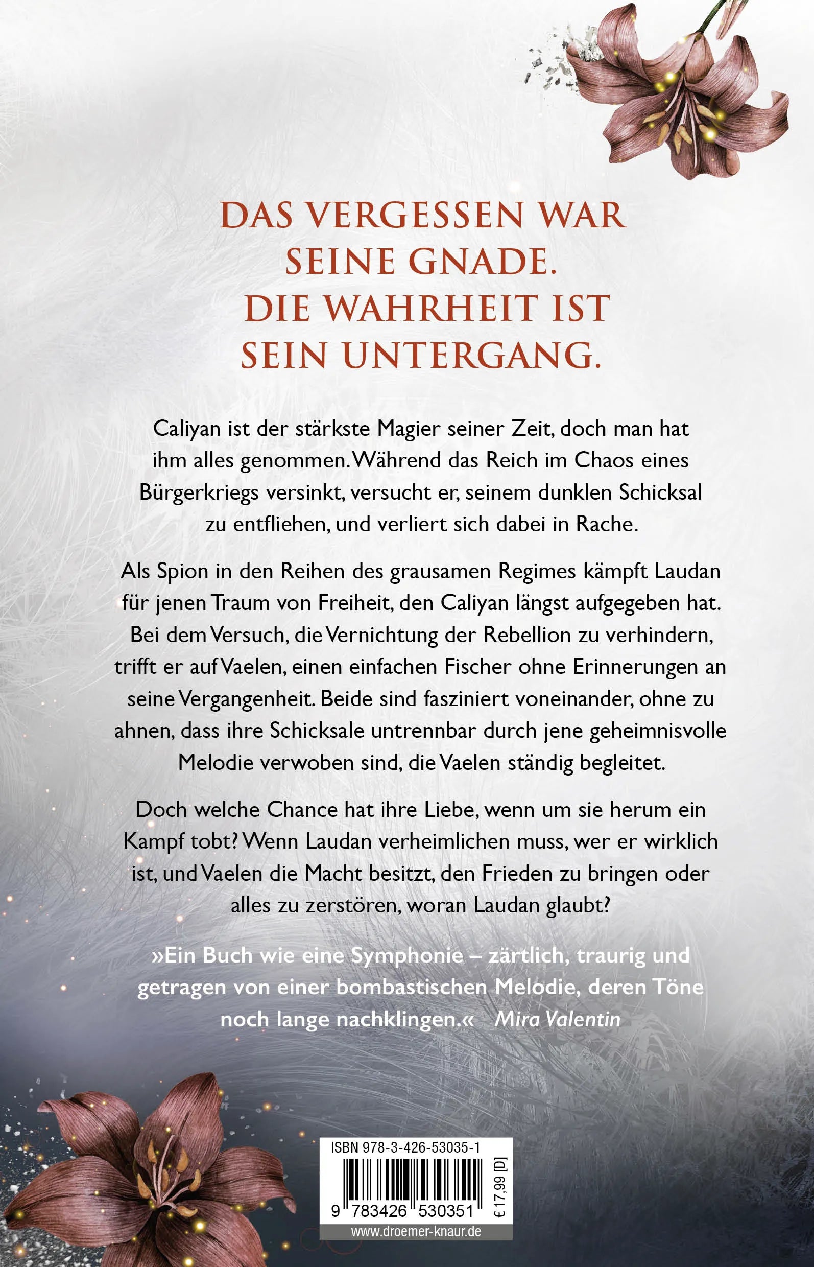 Buchrückseite von 'Melodie der Asche' mit Klappentext - Paperback
