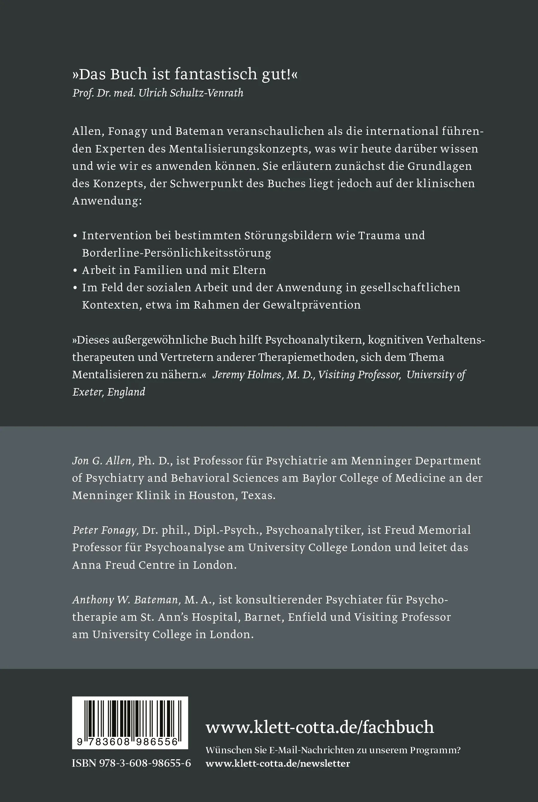 Buchrückseite von 'Mentalisieren in der psychotherapeutischen Praxis' mit Klappentext - Paperback