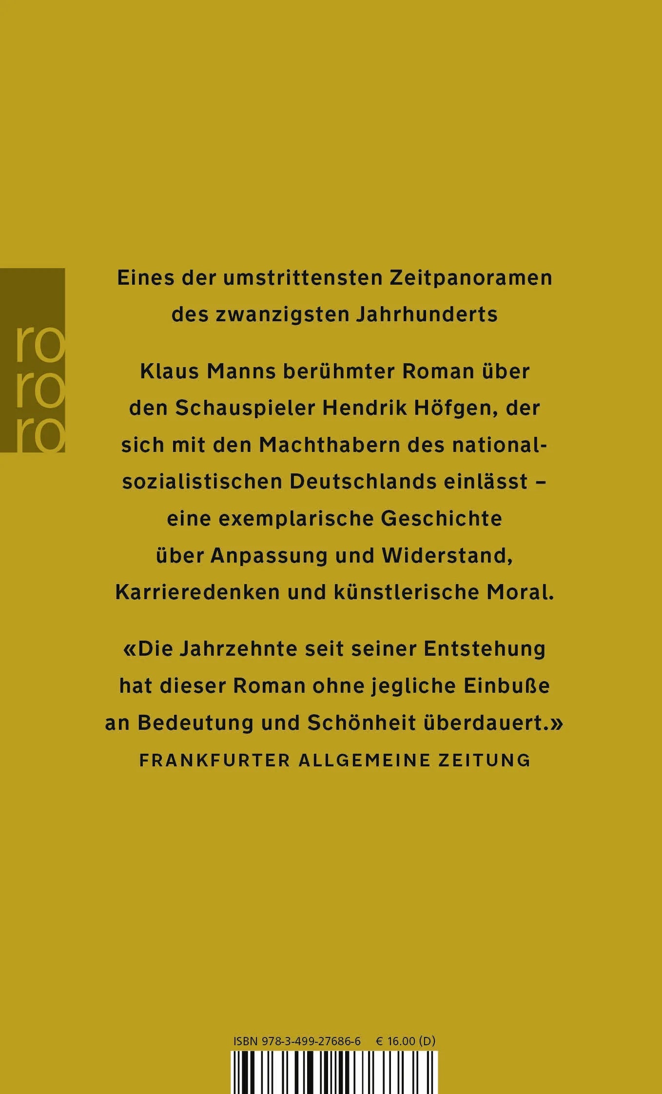 Buchrückseite von 'Mephisto' mit Klappentext - Taschenbuch