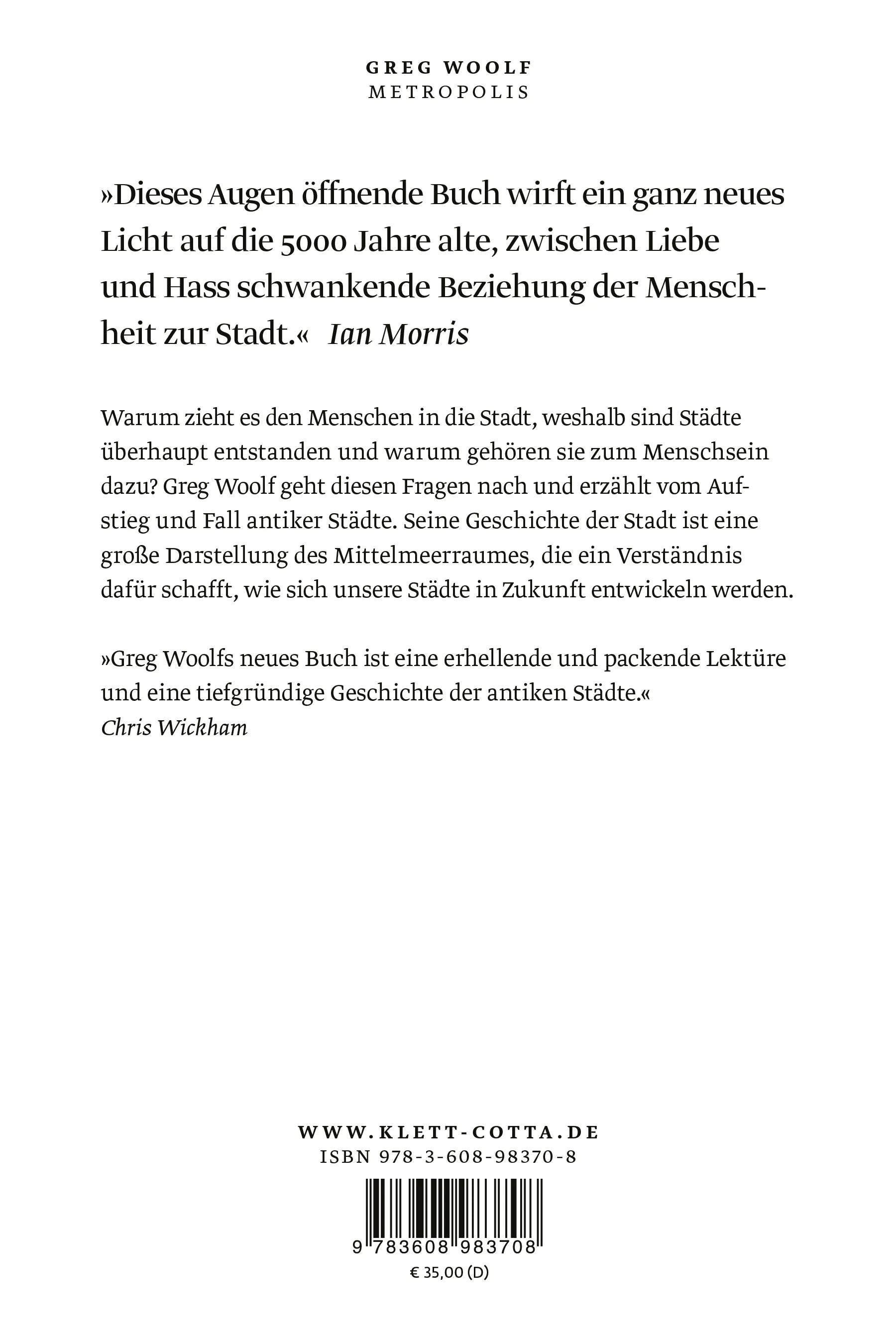 Buchrückseite von 'Metropolis' mit Klappentext - Gebundene Ausgabe