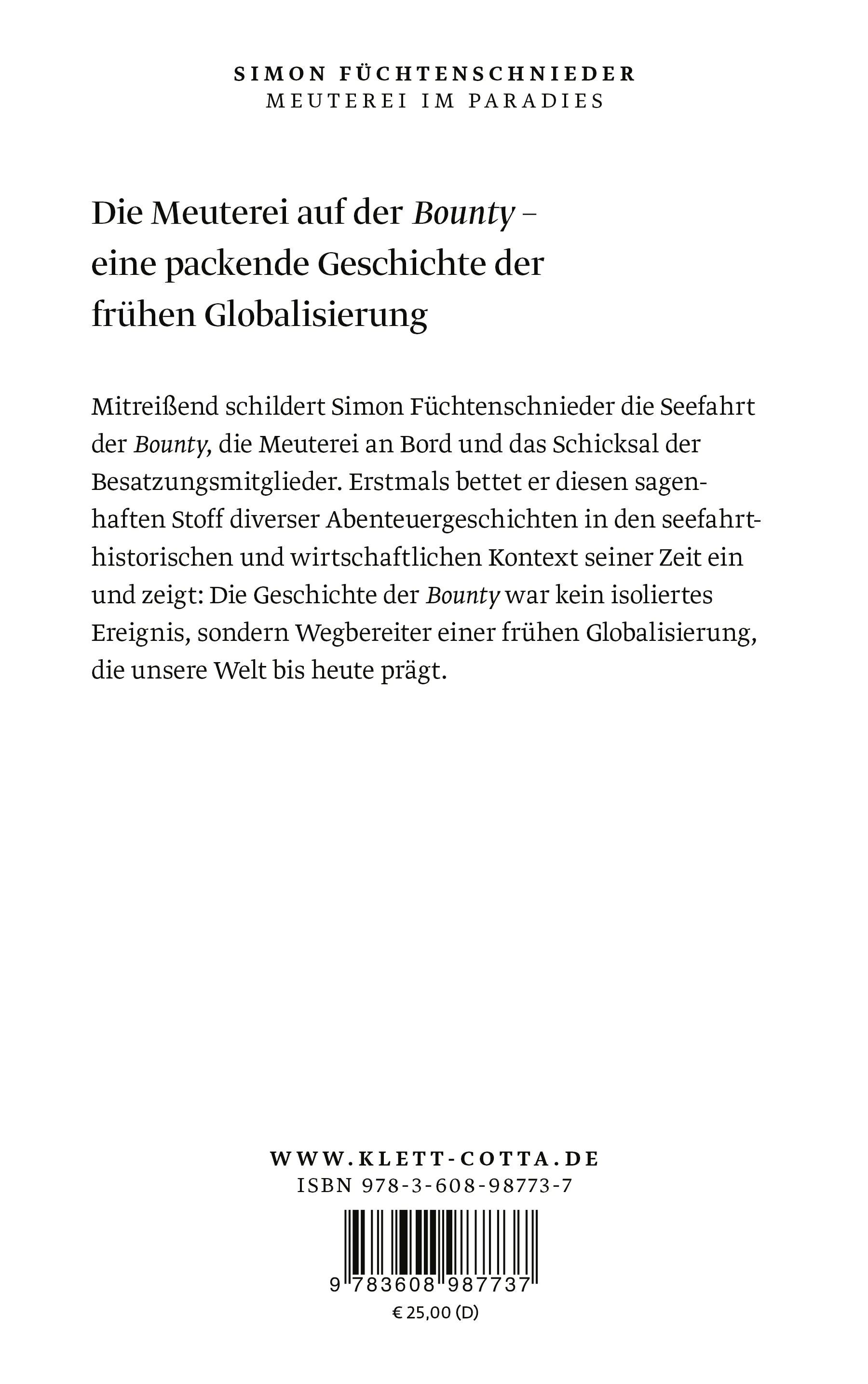 Buchrückseite von 'Meuterei im Paradies' mit Klappentext - Gebundene Ausgabe