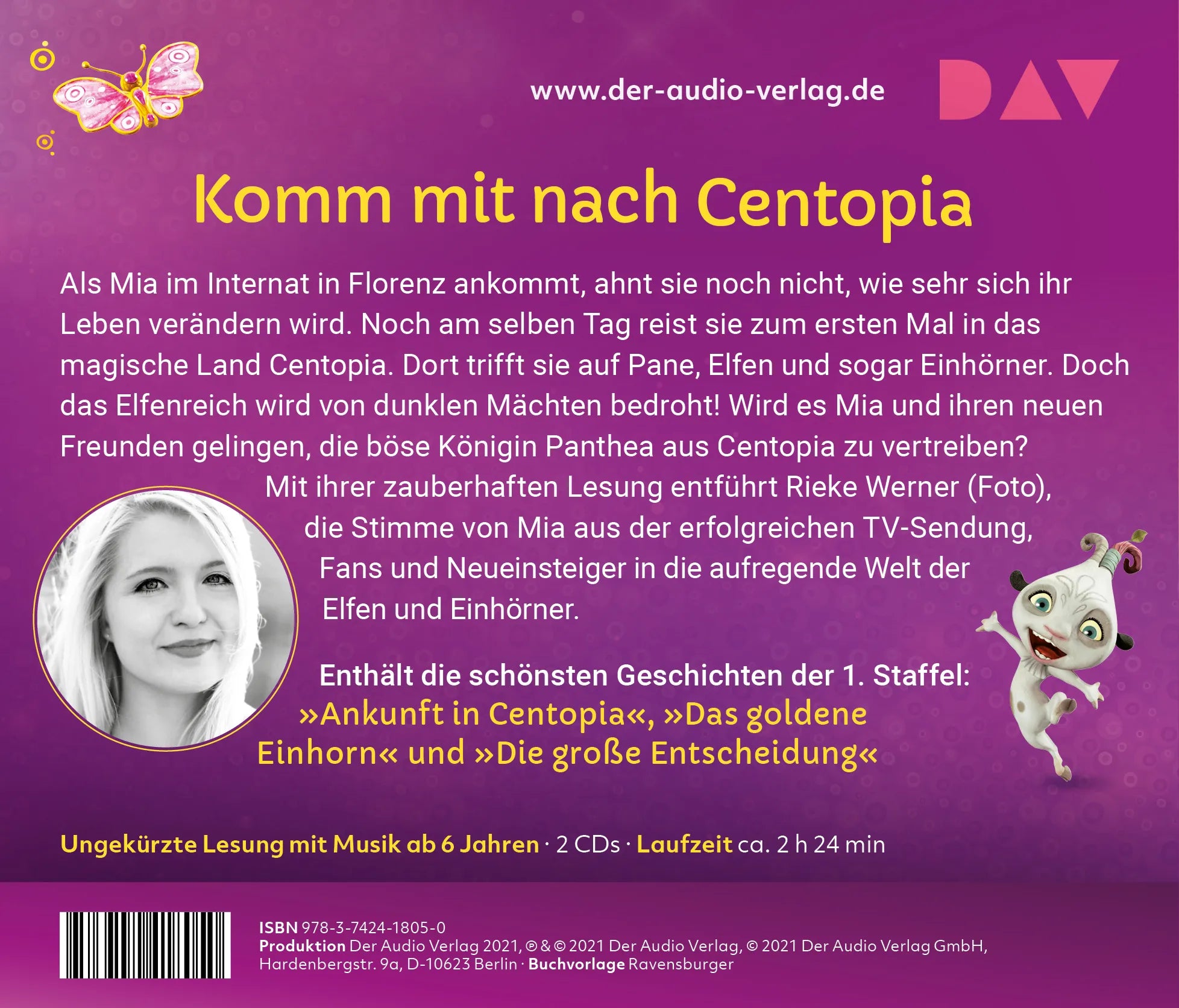 Buchrückseite von 'Mia and me: Ankunft in Centopia – Das Hörbuch zur 1. Staffel' mit Klappentext - Hörbuch (CD)