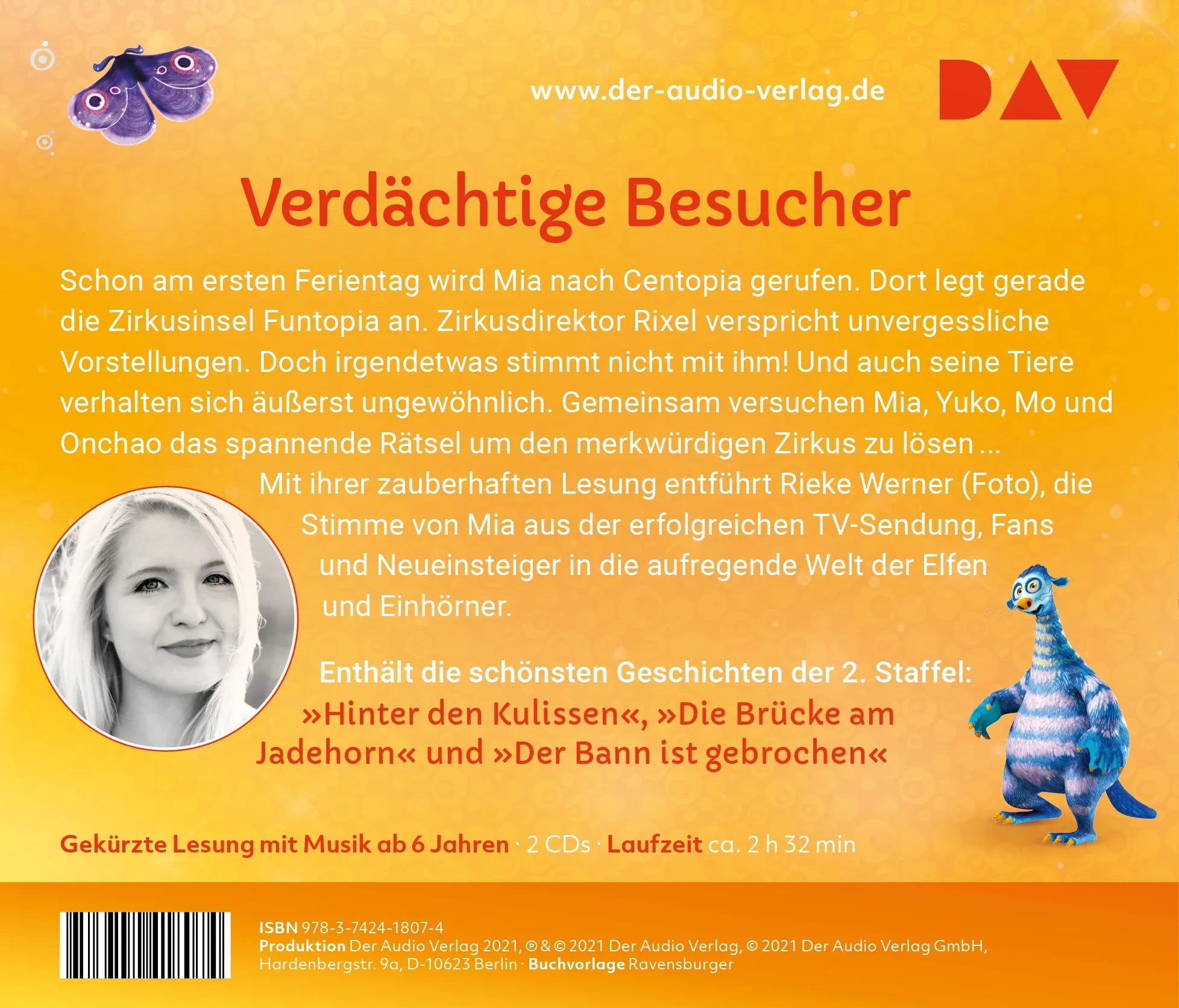 Buchrückseite von 'Mia and me: Die Krone der Einhörner – Das Hörbuch zur 2. Staffel' mit Klappentext - Hörbuch (CD)