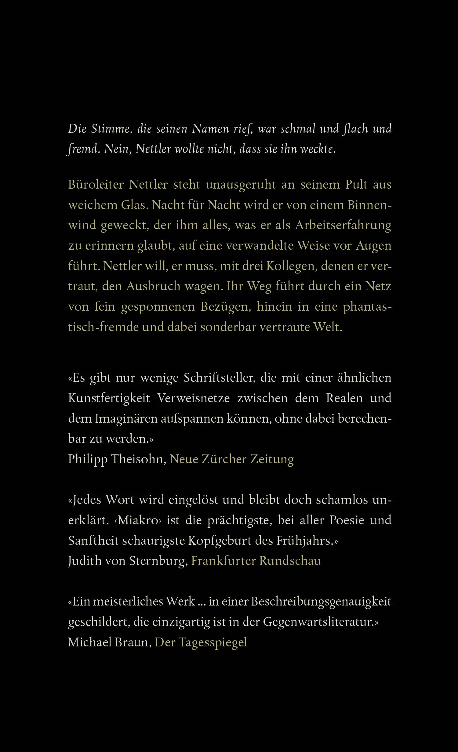 Buchrückseite von 'Miakro' mit Klappentext - Gebundene Ausgabe