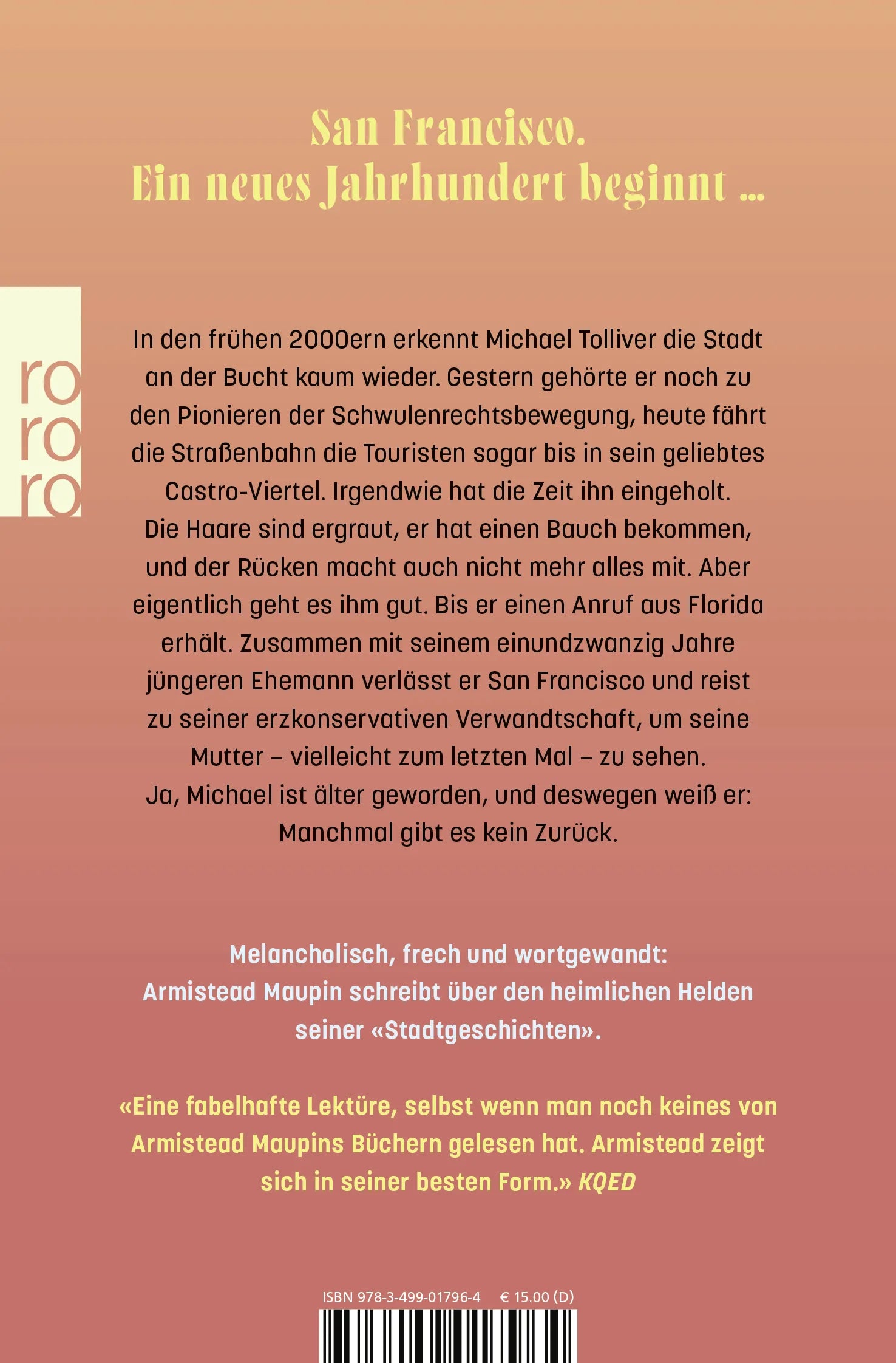 Buchrückseite von 'Michael Tolliver lebt' mit Klappentext - Taschenbuch