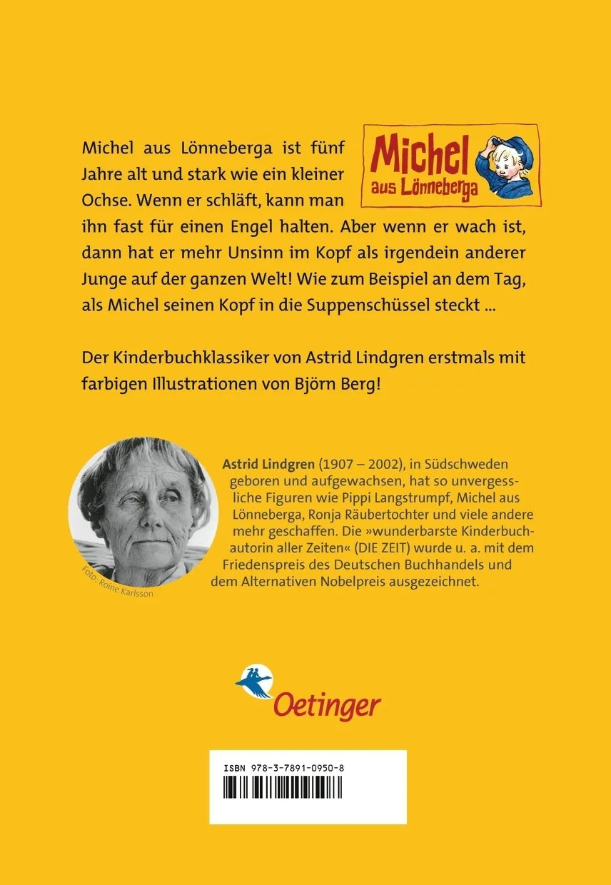 Buchrückseite von 'Michel aus Lönneberga 1. Michel in der Suppenschüssel' mit Klappentext - Gebundene Ausgabe