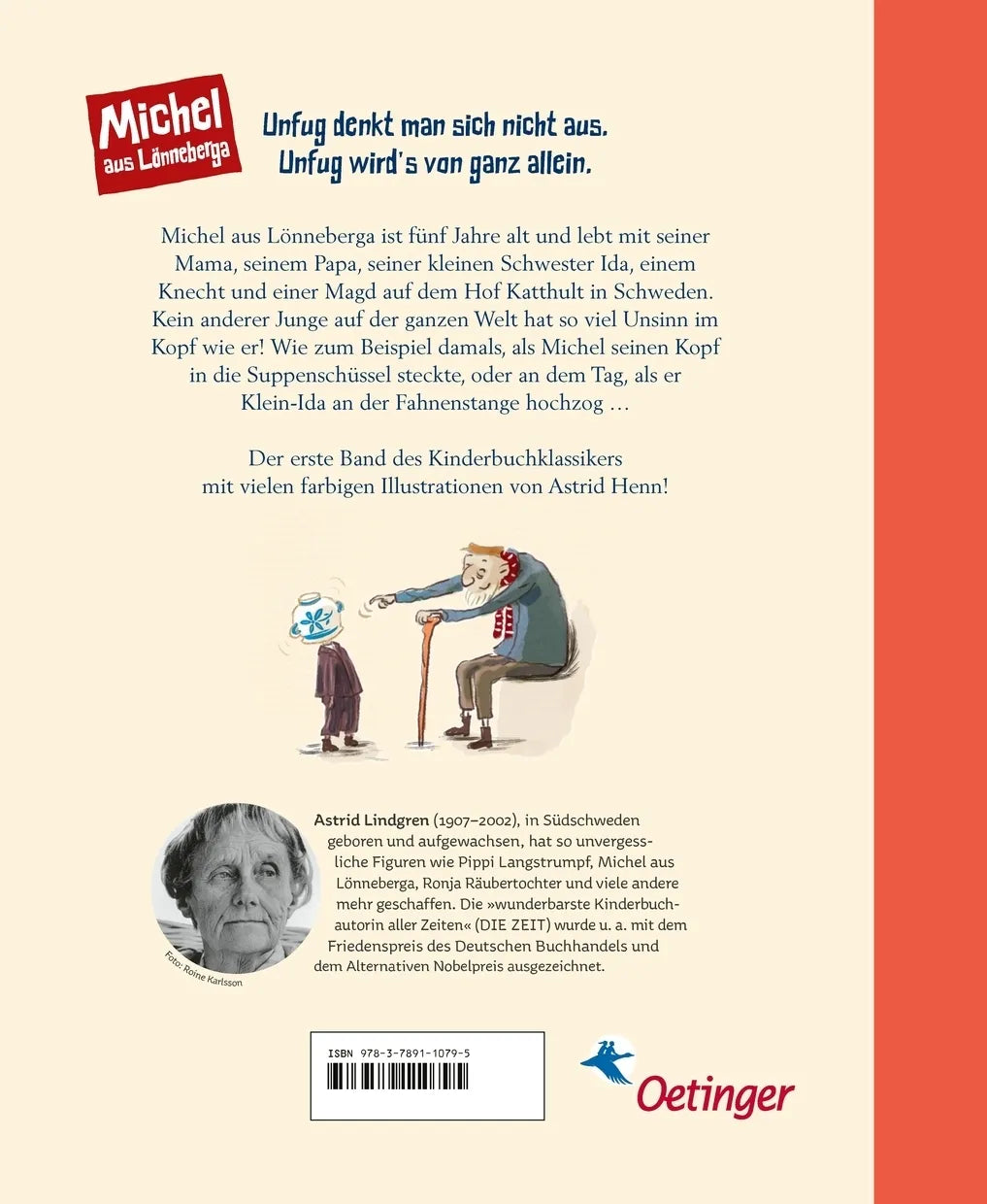 Buchrückseite von 'Michel aus Lönneberga 1. Michel in der Suppenschüssel' mit Klappentext - Gebundene Ausgabe
