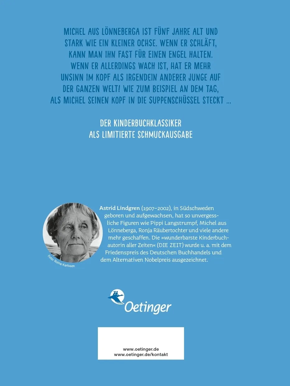 Buchrückseite von 'Michel aus Lönneberga 1. Michel in der Suppenschüssel' mit Klappentext - Gebundene Ausgabe