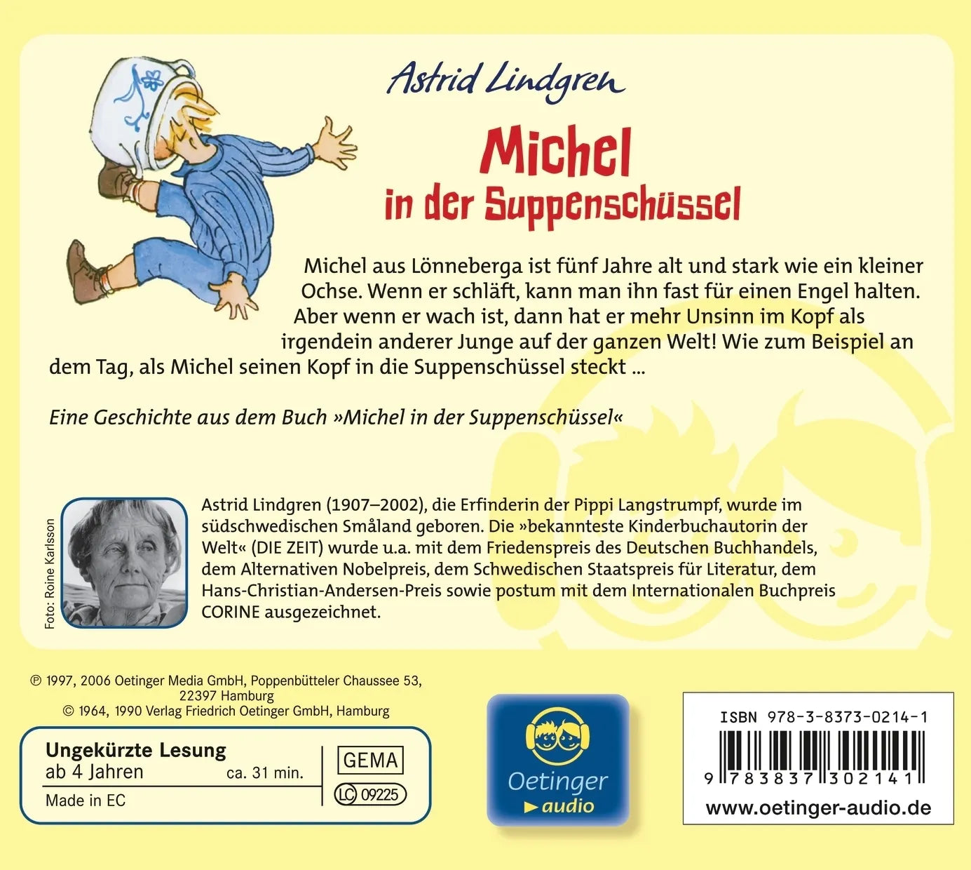 Buchrückseite von 'Michel aus Lönneberga 1. Michel in der Suppenschüssel. Hörbuchklassiker' mit Klappentext - Hörbuch (CD)