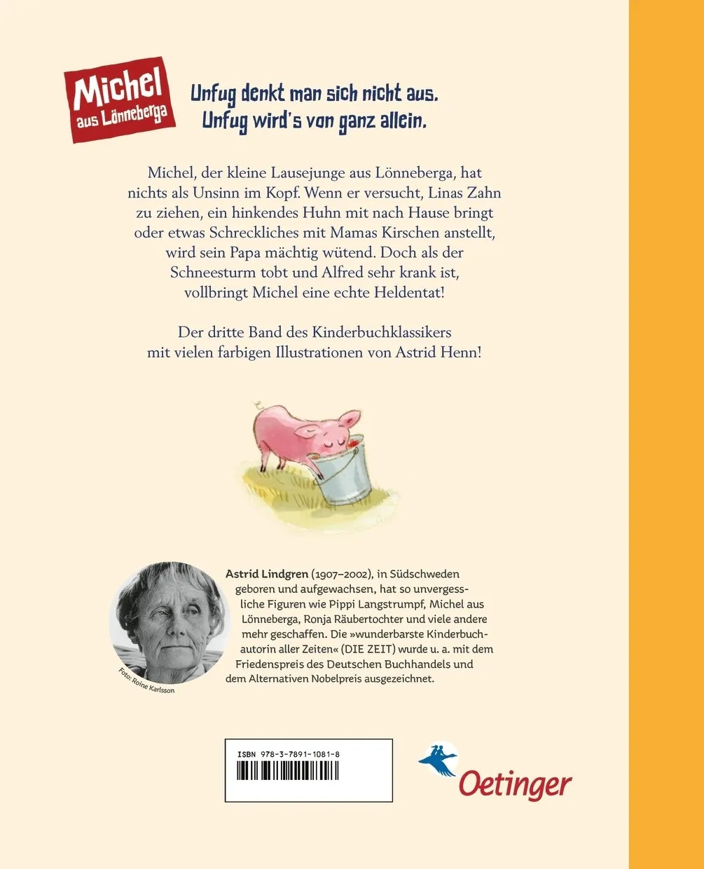 Buchrückseite von 'Michel aus Lönneberga 3. Michel bringt die Welt in Ordnung' mit Klappentext - Gebundene Ausgabe