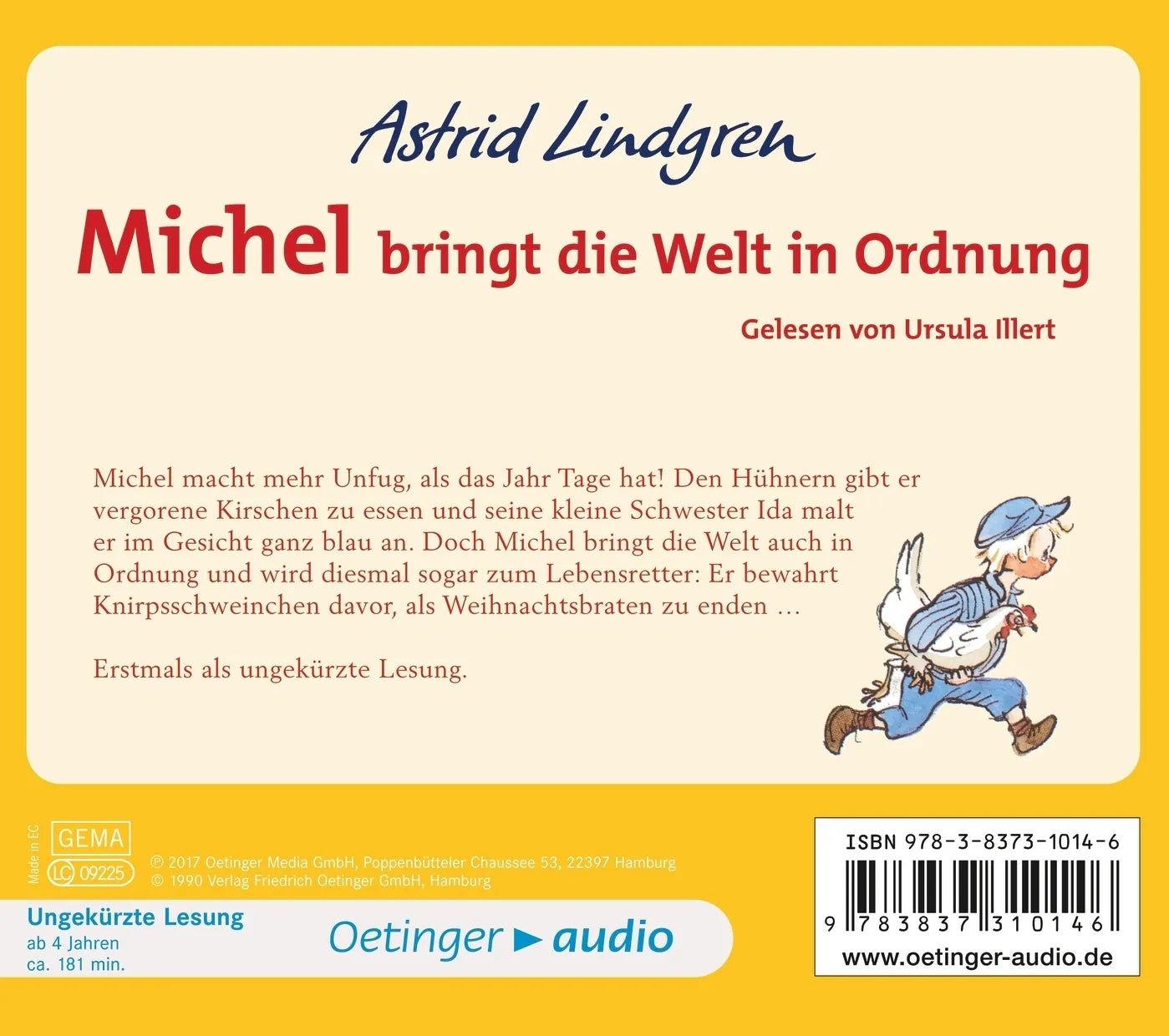 Buchrückseite von 'Michel aus Lönneberga 3. Michel bringt die Welt in Ordnung' mit Klappentext - Hörbuch (CD)
