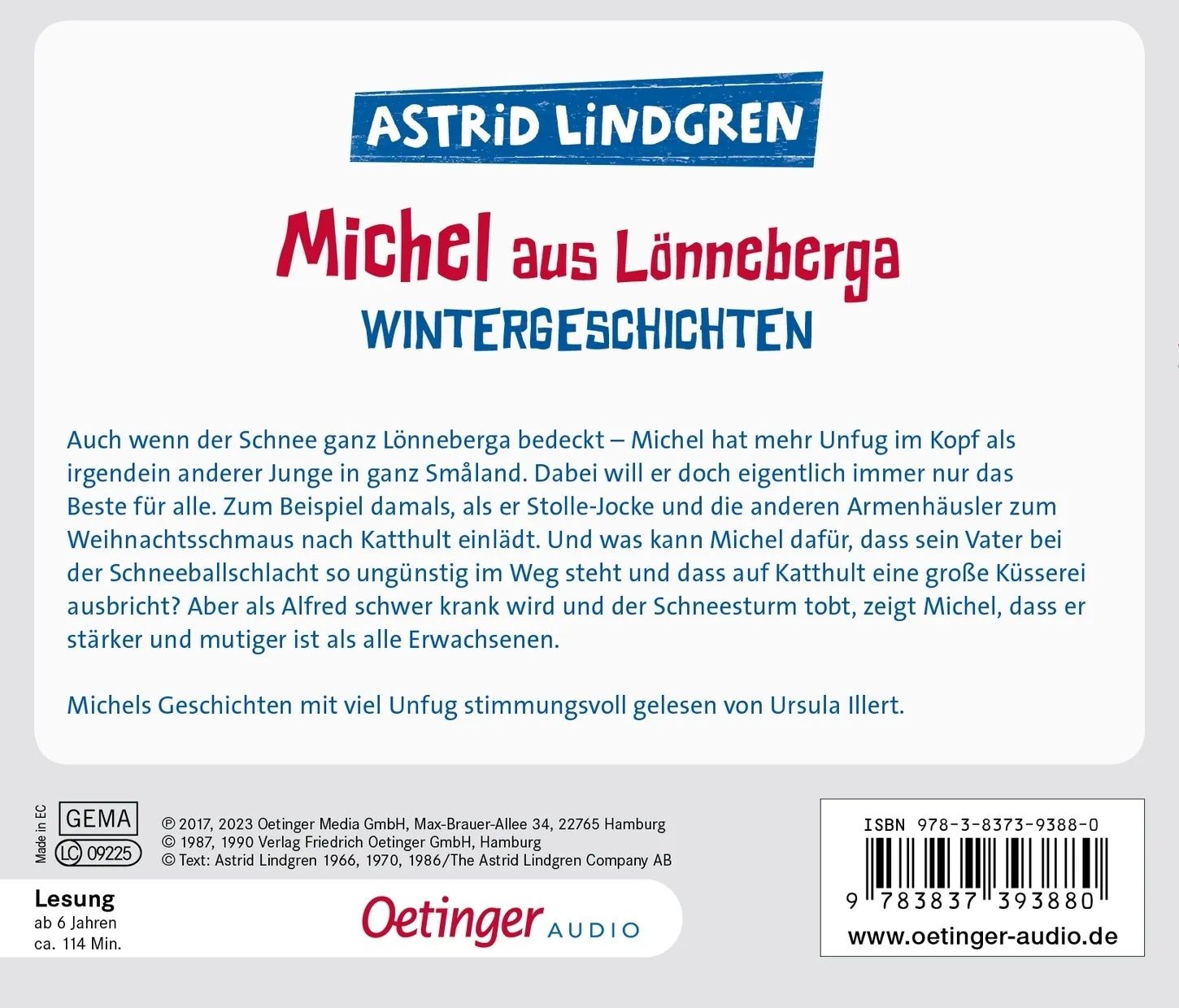 Buchrückseite von 'Michel aus Lönneberga. Wintergeschichten' mit Klappentext - Hörbuch (CD)