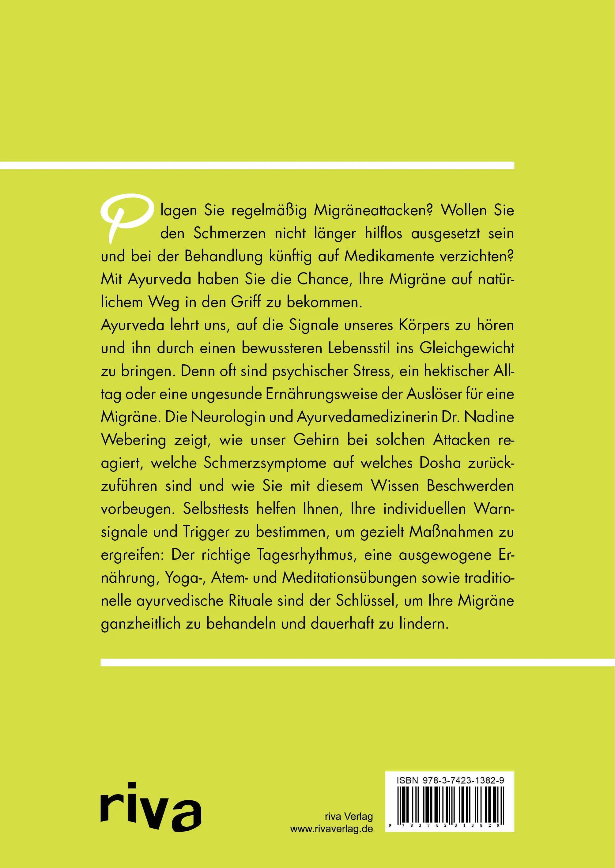 Buchrückseite von 'Migräne natürlich behandeln mit Ayurveda' mit Klappentext - Taschenbuch