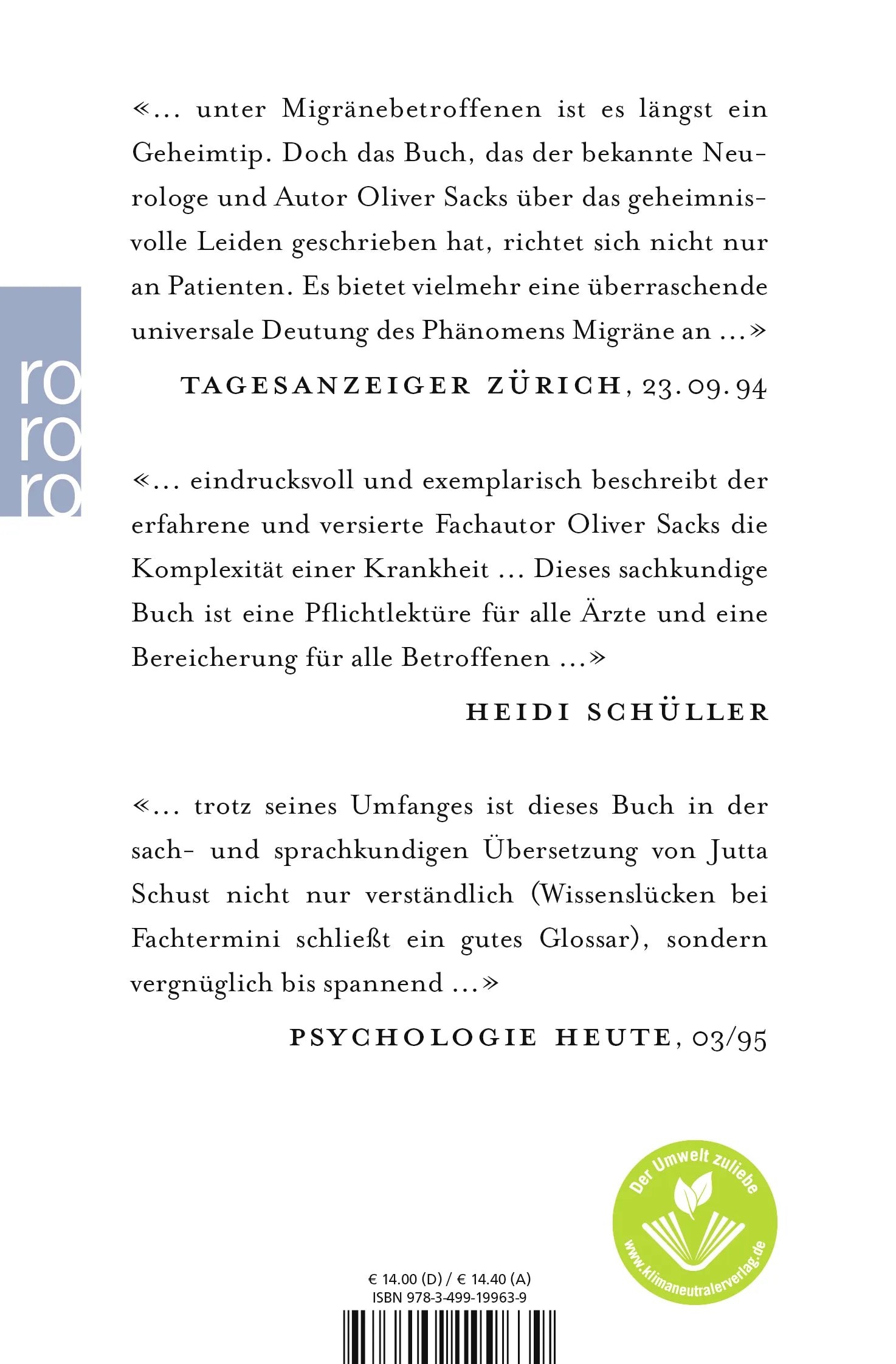 Buchrückseite von 'Migräne' mit Klappentext - Taschenbuch