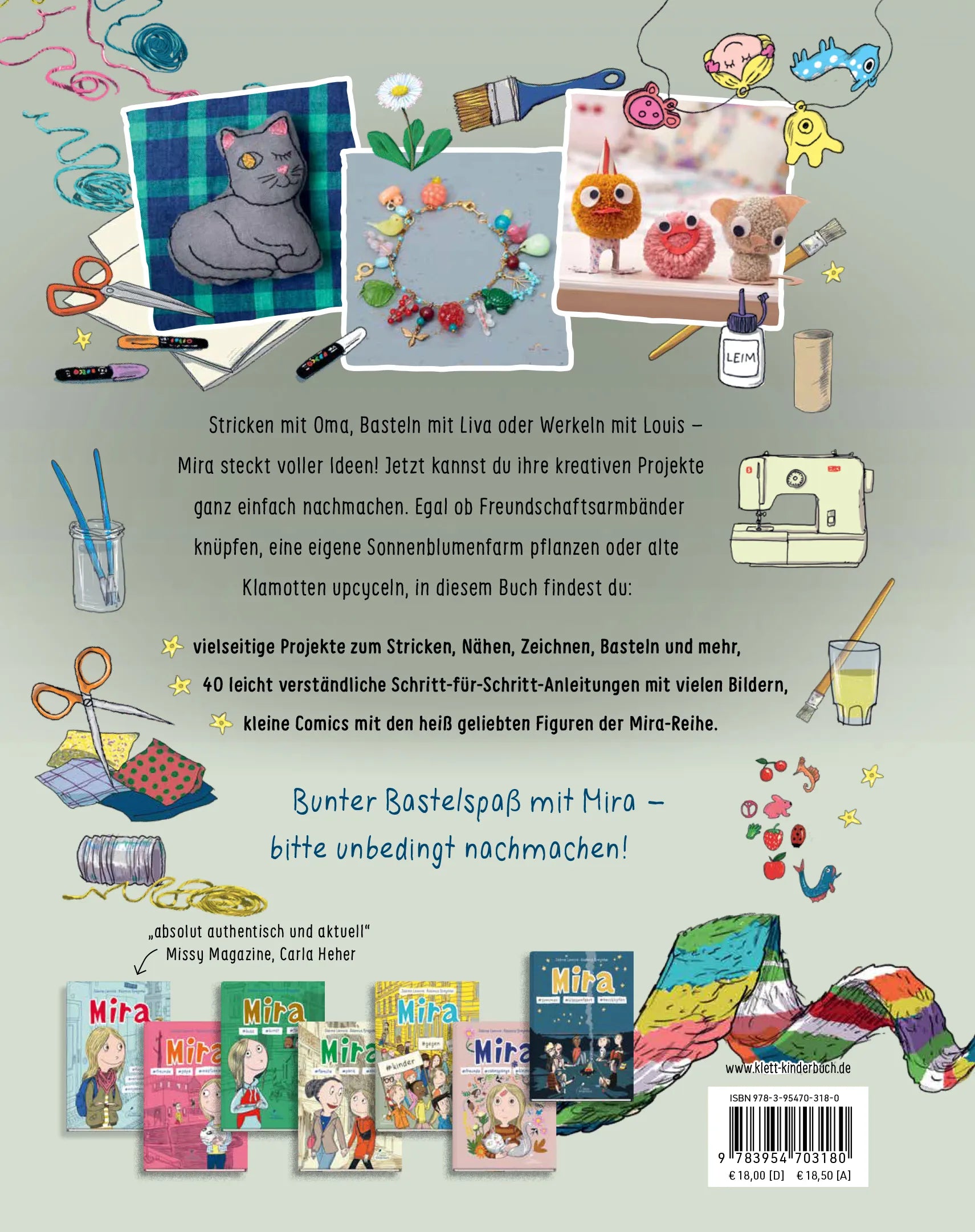 Buchrückseite von 'Mira macht Sachen – #basteln #stricken #bauen #kreativsein #zeichnen #nähen' mit Klappentext - Gebundene Ausgabe
