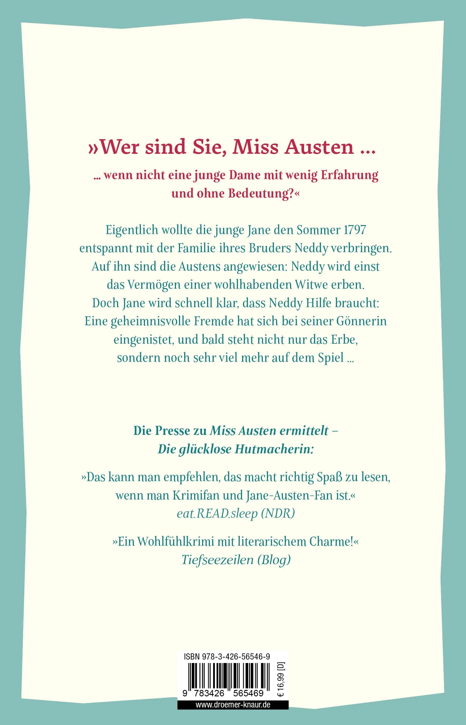 Buchrückseite von 'Miss Austen ermittelt. Die mysteriöse Hochstaplerin' mit Klappentext - Paperback