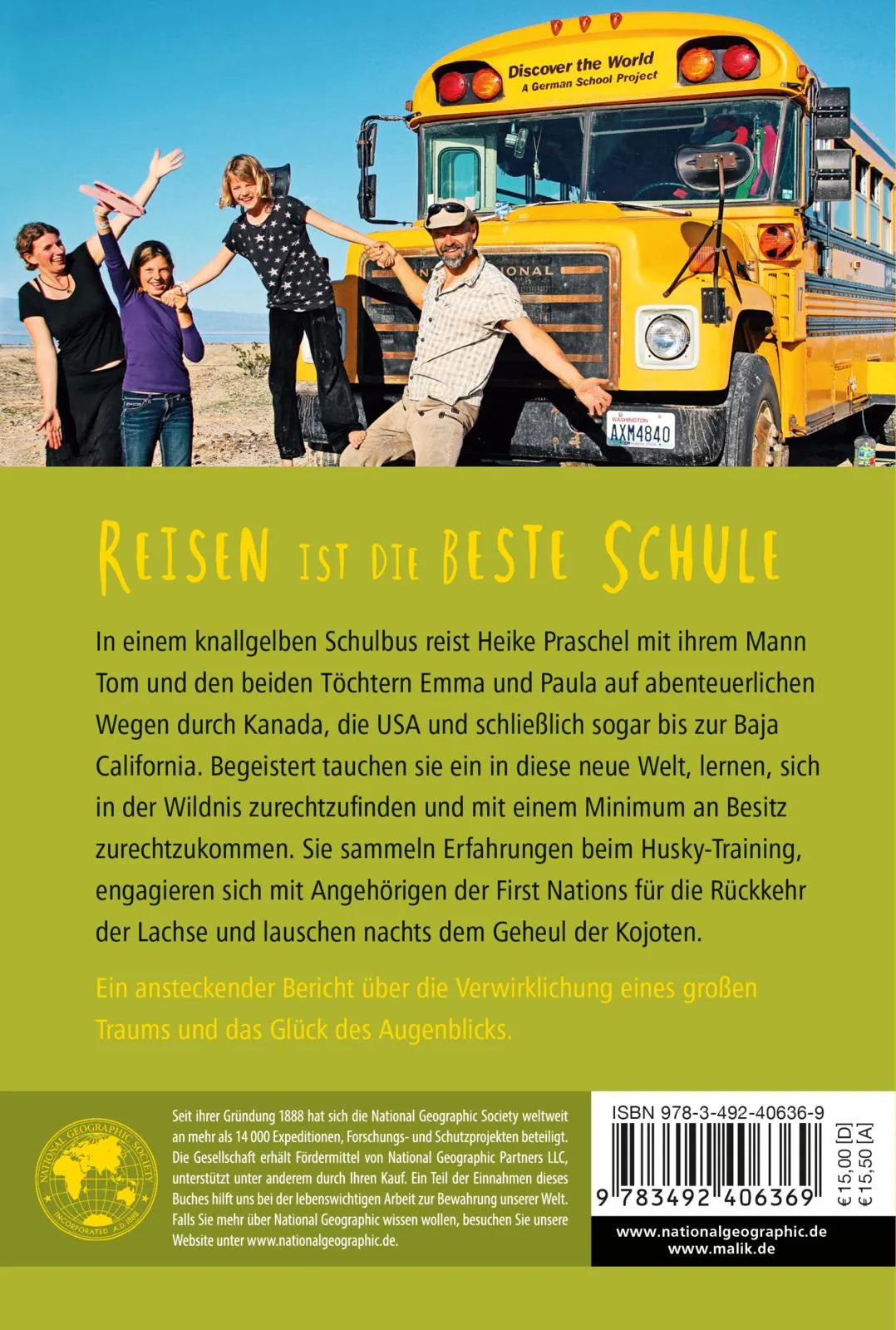 Buchrückseite von 'Mit dem Schulbus in die Wildnis' mit Klappentext - Taschenbuch