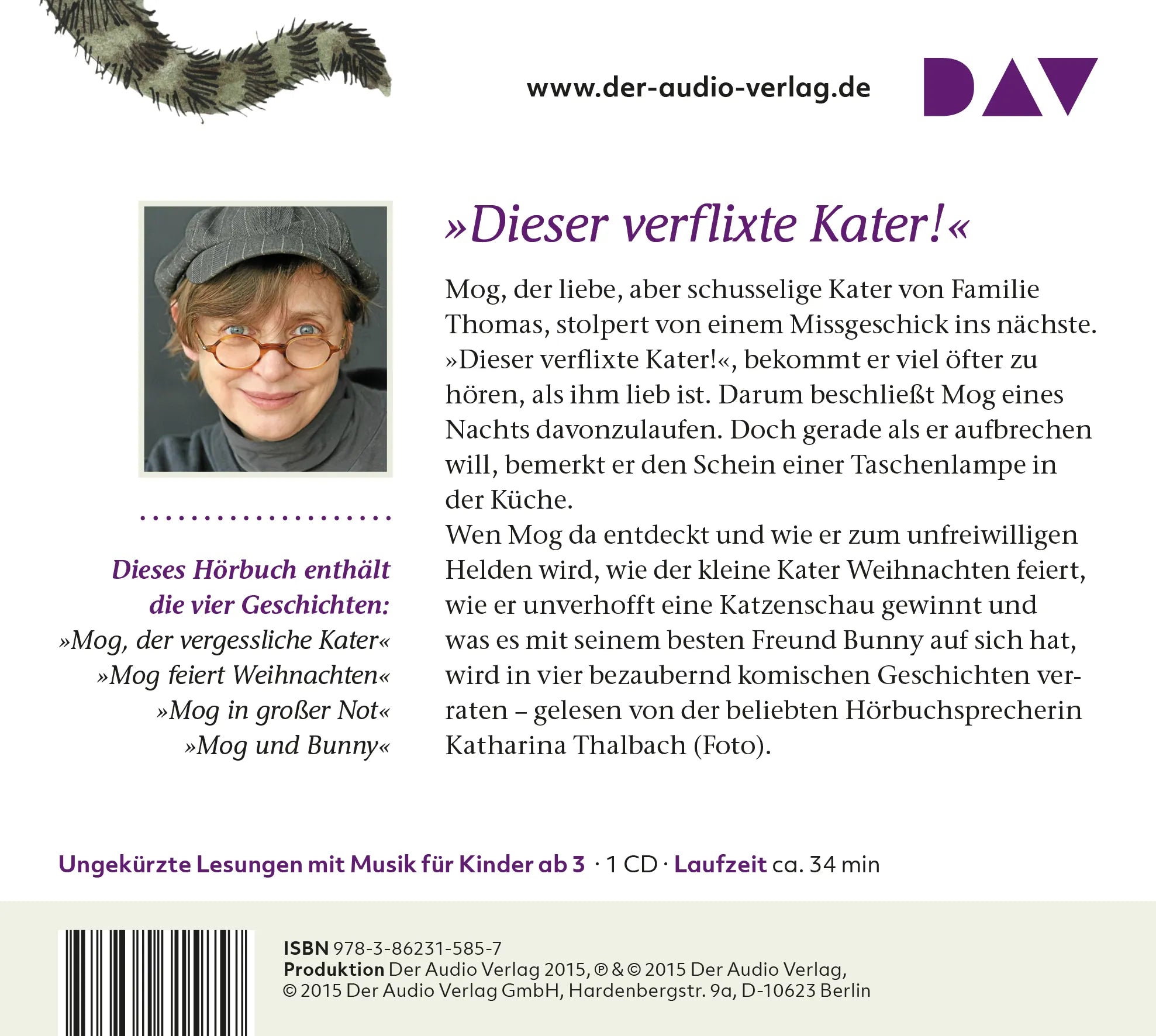 Buchrückseite von 'Mog, der vergessliche Kater – Die schönsten Geschichten' mit Klappentext - Hörbuch (CD)