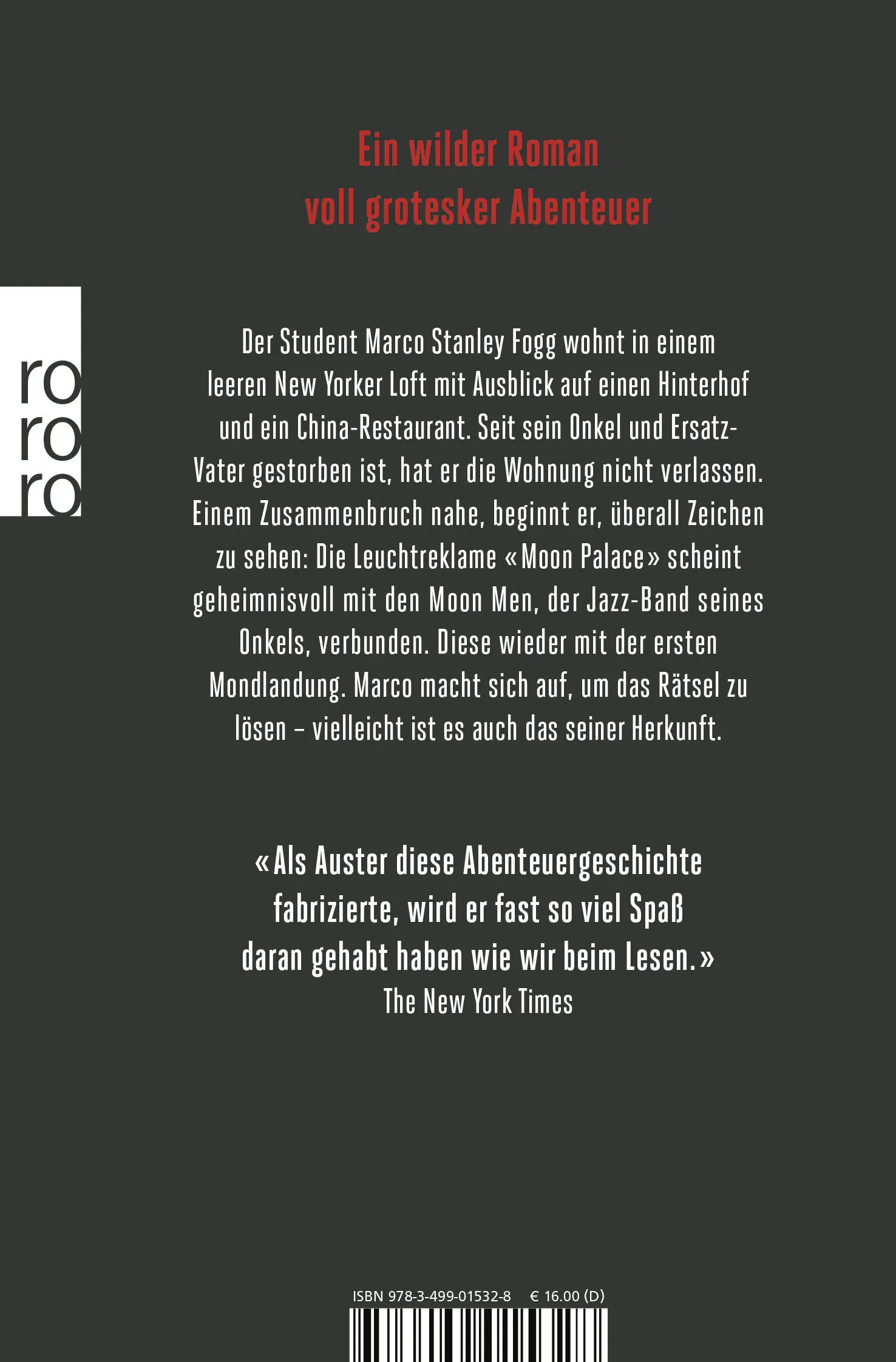 Buchrückseite von 'Mond über Manhattan' mit Klappentext - Taschenbuch