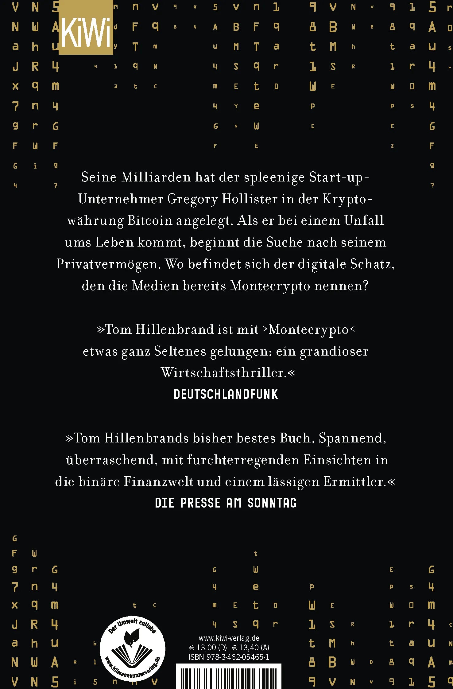 Buchrückseite von 'Montecrypto' mit Klappentext - Taschenbuch
