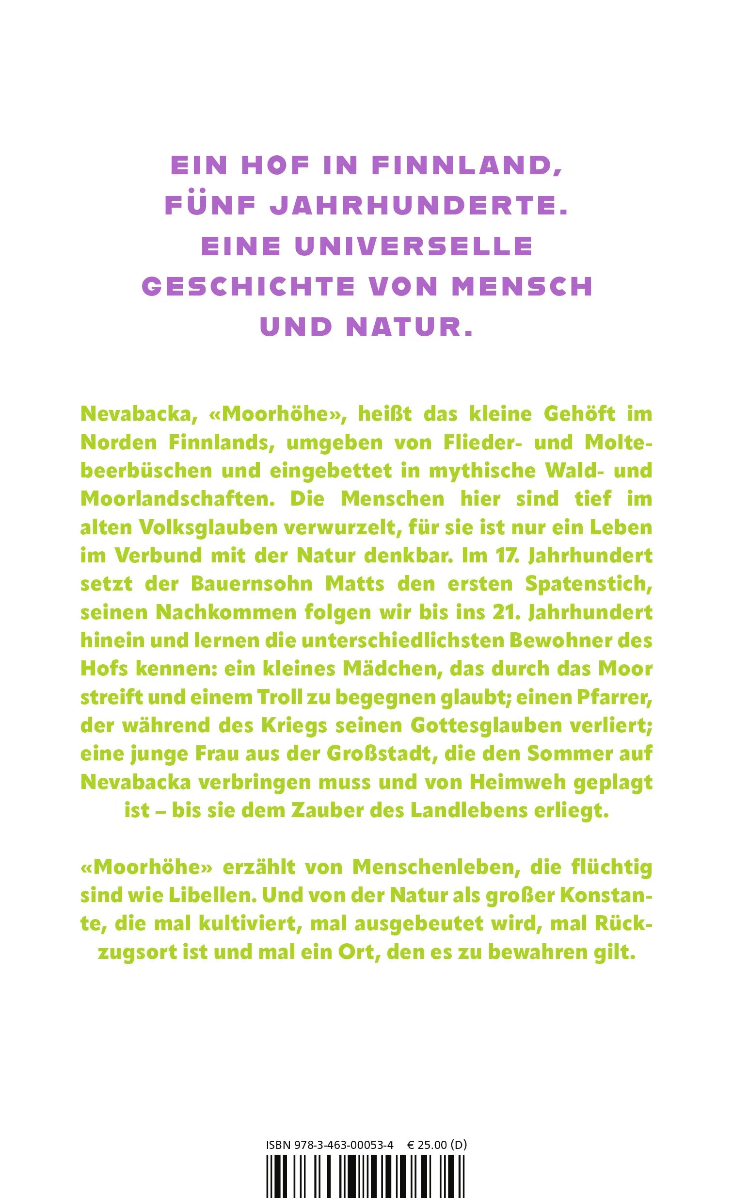 Buchrückseite von 'Moorhöhe' mit Klappentext - Gebundene Ausgabe