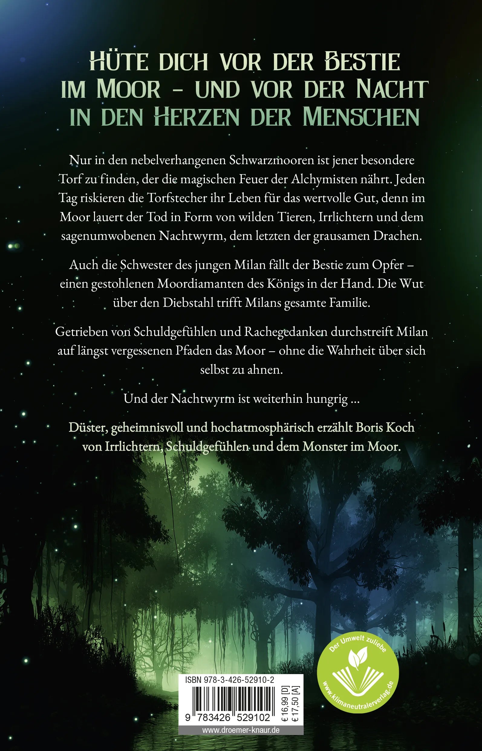 Buchrückseite von 'Moorläufer. Im Reich des letzten Drachen' mit Klappentext - Paperback