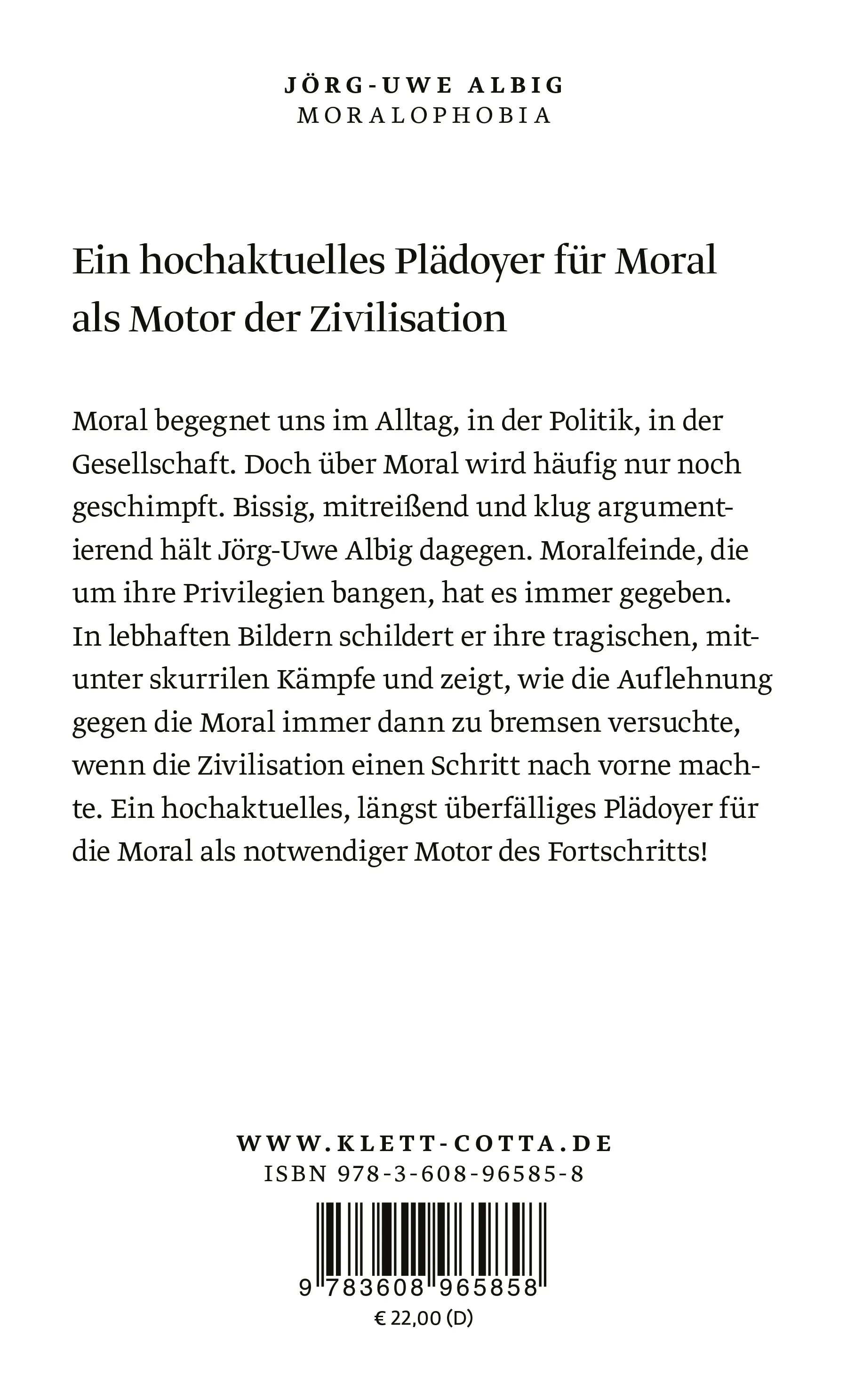 Buchrückseite von 'Moralophobia' mit Klappentext - Gebundene Ausgabe