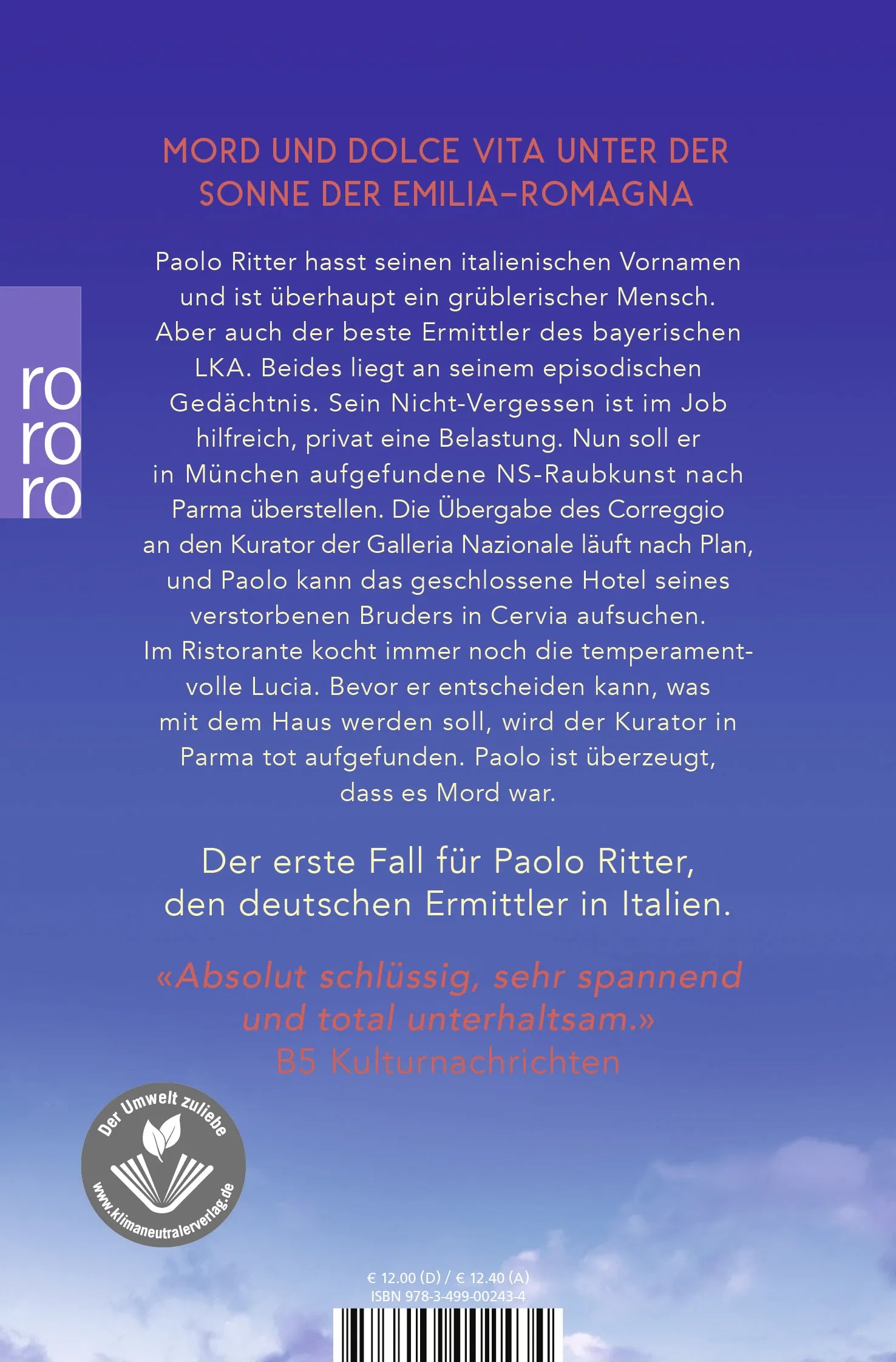 Buchrückseite von 'Mord in Parma' mit Klappentext - Taschenbuch