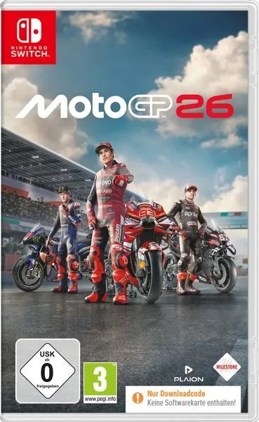 Cover: MotoGP 26 (Code-in-a-Box) für Nintendo Switch. Publisher: PLAION GmbH