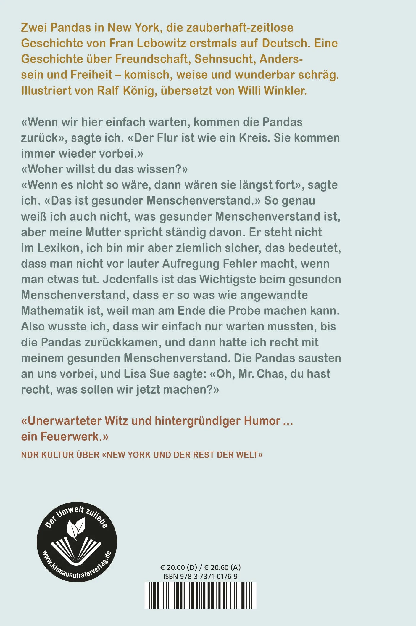 Buchrückseite von 'Mr. Chas und Lisa Sue treffen die Pandas' mit Klappentext - Gebundene Ausgabe