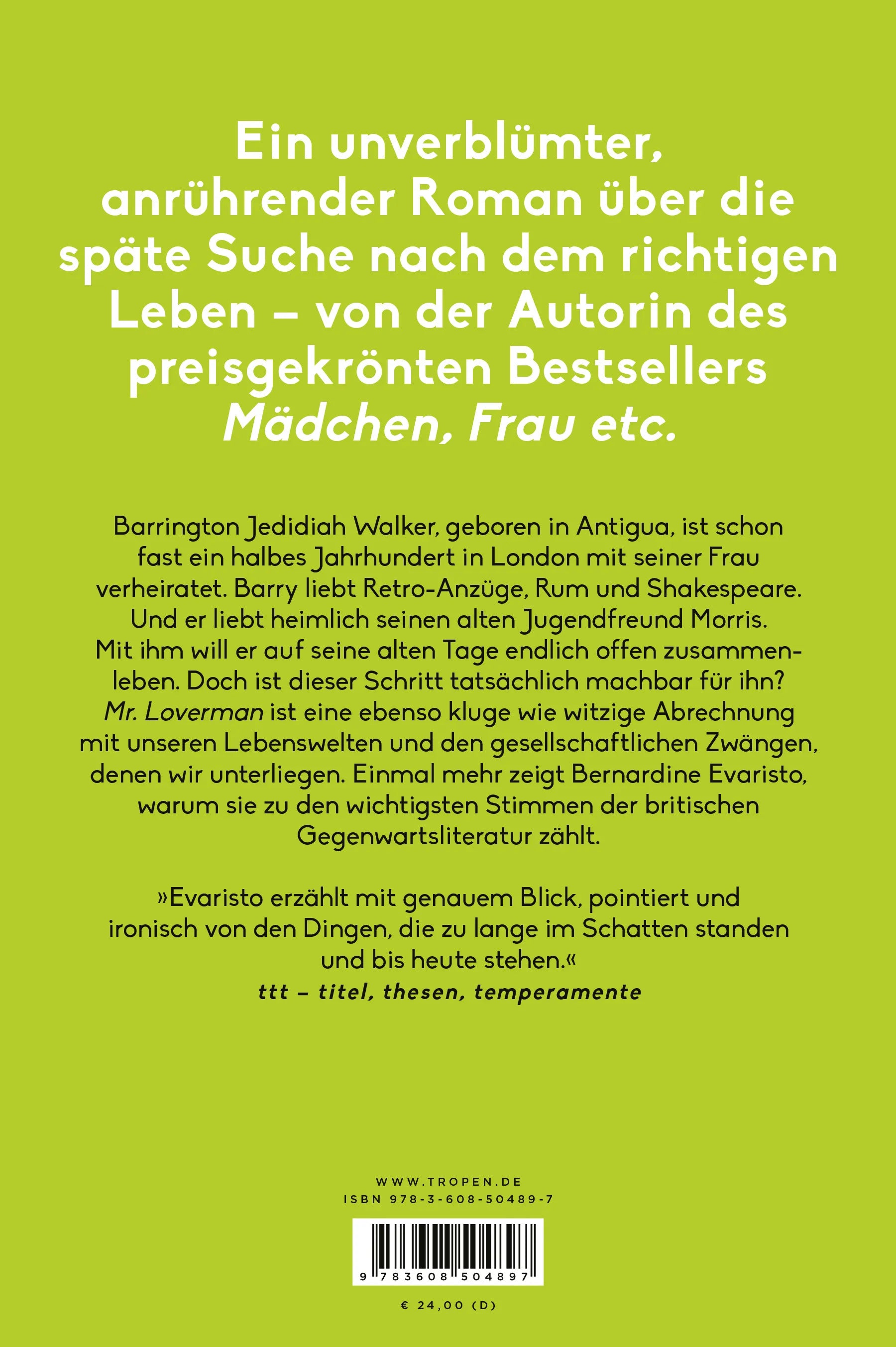 Buchrückseite von 'Mr. Loverman' mit Klappentext - Gebundene Ausgabe