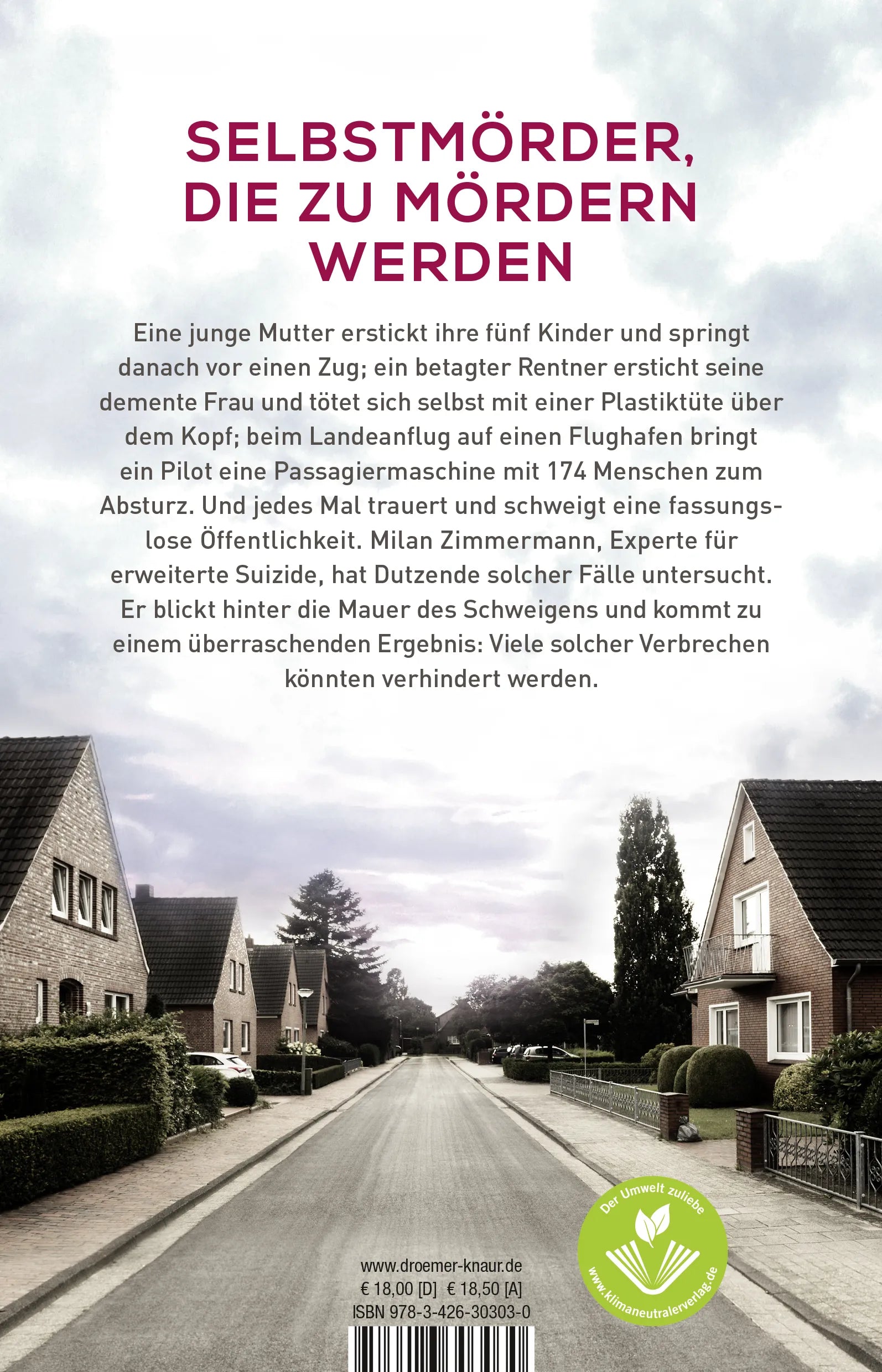 Buchrückseite von 'Murder Suicide – der inszenierte Tod' mit Klappentext - Paperback