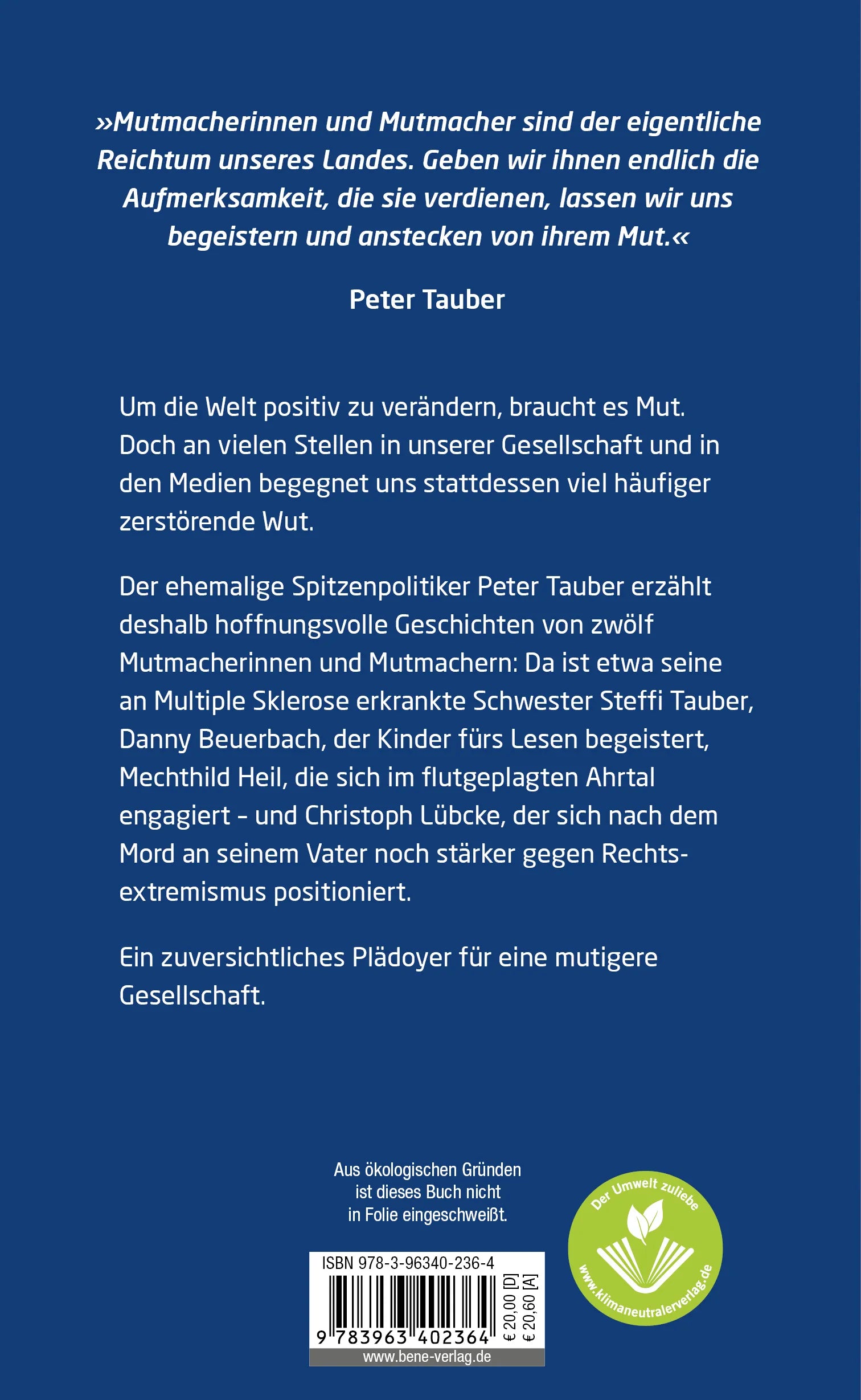 Buchrückseite von 'Mutmacher' mit Klappentext - Gebundene Ausgabe