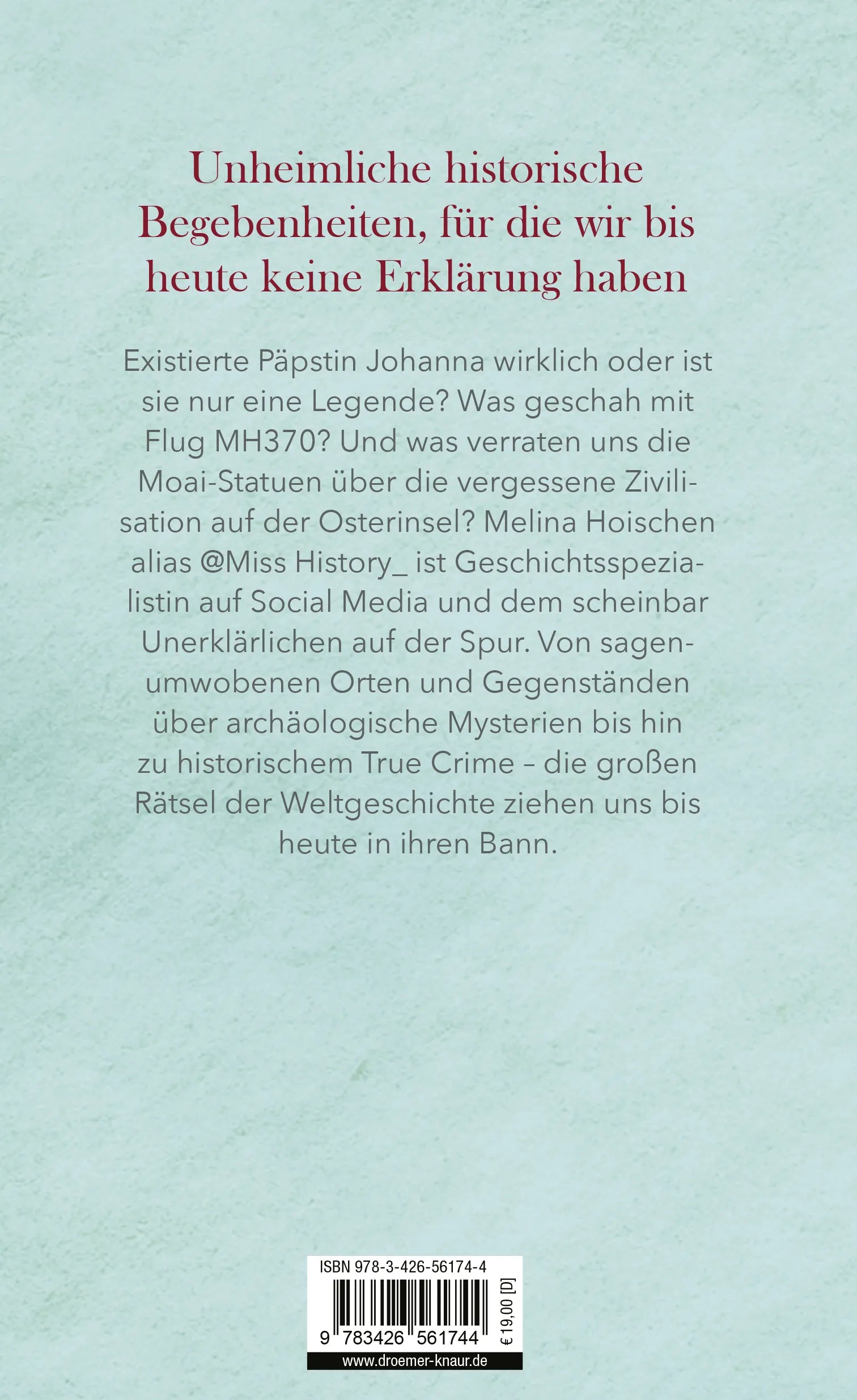 Buchrückseite von 'Mystery mit Miss History' mit Klappentext - Gebundene Ausgabe