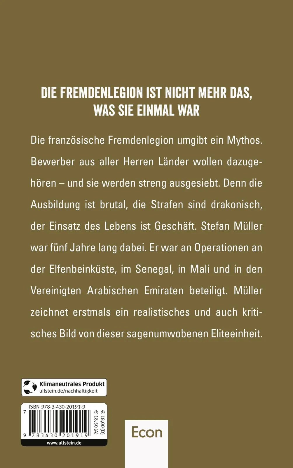 Buchrückseite von 'Mythos Fremdenlegion' mit Klappentext - Paperback