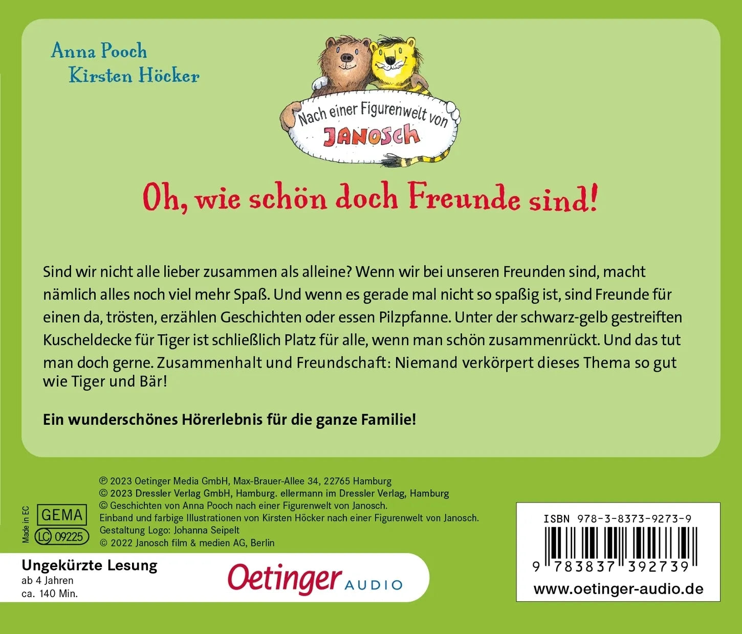 Buchrückseite von 'Nach einer Figurenwelt von Janosch. Oh, wie schön doch Freunde sind!' mit Klappentext - Hörbuch (CD)