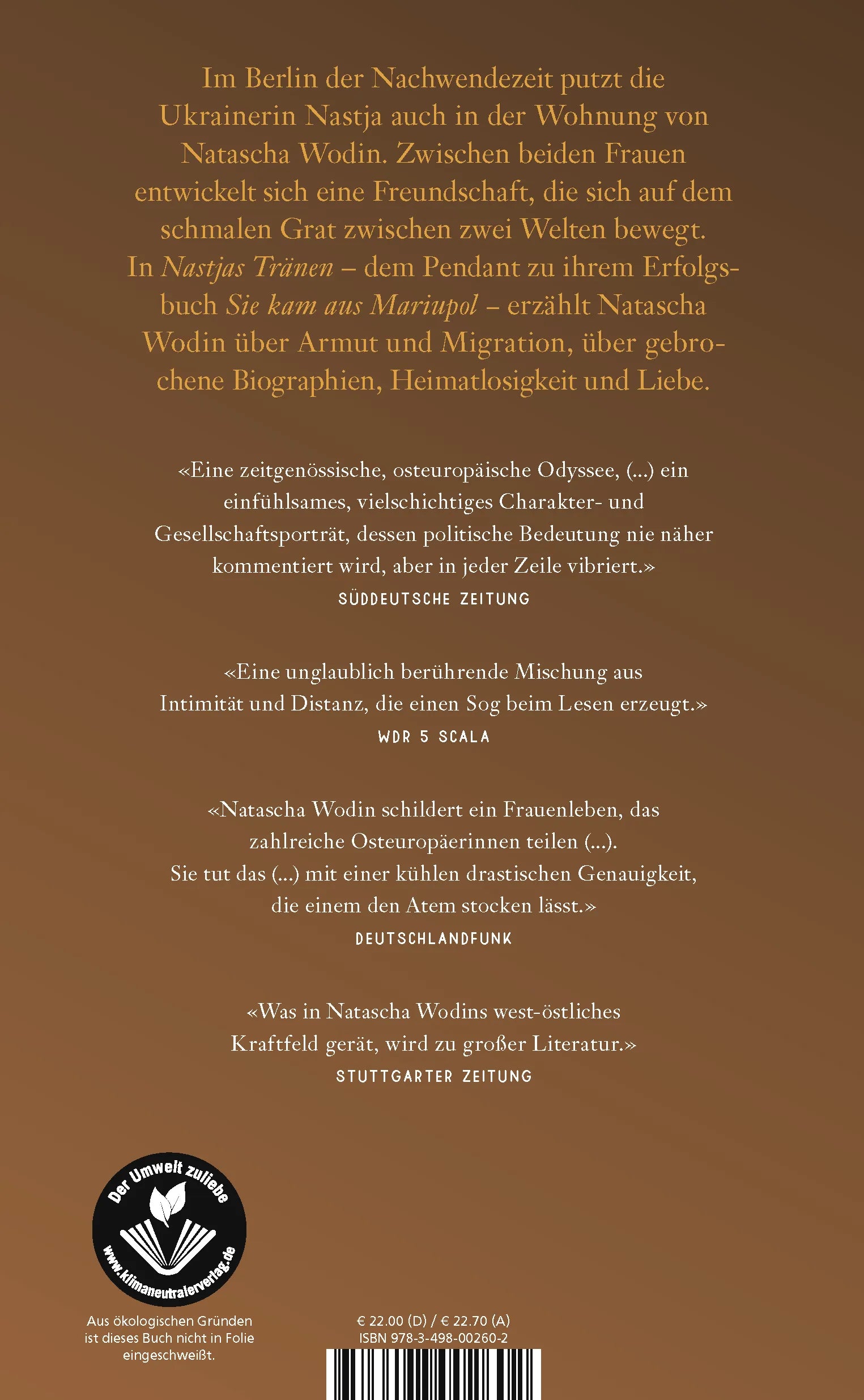 Buchrückseite von 'Nastjas Tränen' mit Klappentext - Gebundene Ausgabe