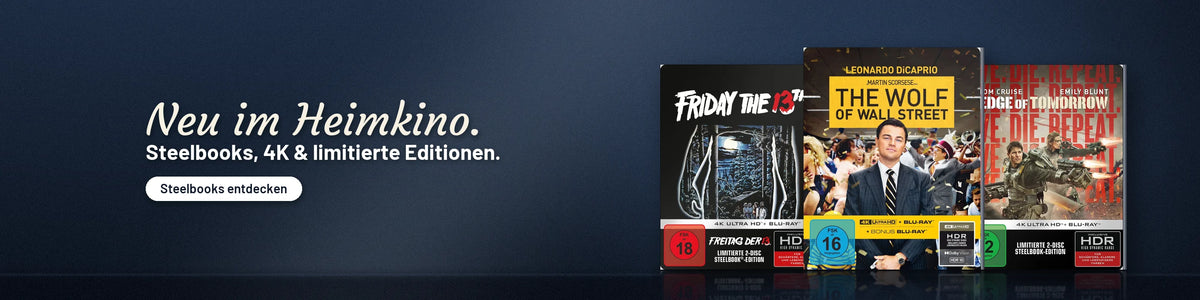 Neu im Heimkino: Steelbooks und 4K Ultra HD bei CineBuch – The Wolf of Wall Street, Freitag der 13. und Edge of Tomorrow als limitierte Steelbook-Editionen vor dunkelblauer Wand