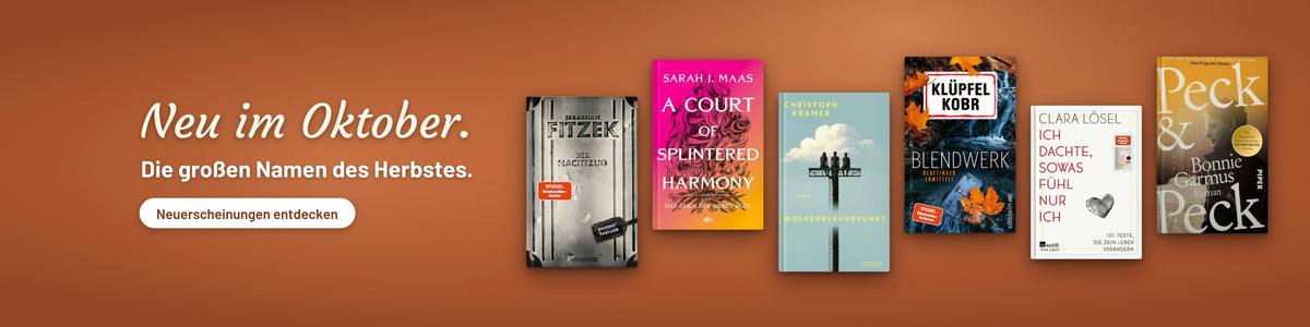Neu im Oktober: Bücher-Neuerscheinungen bei CineBuch – Sebastian Fitzek »Der Nachtzug«, Sarah J. Maas »A Court of Splintered Harmony«, Christoph Kramer »Wolkenberührpunkt«, Klüpfel/Kobr »Blendwerk«, Clara Lösel »Ich dachte, sowas fühl nur ich« und Bonnie Garmus »Peck & Peck« vor kupferfarbener Wand