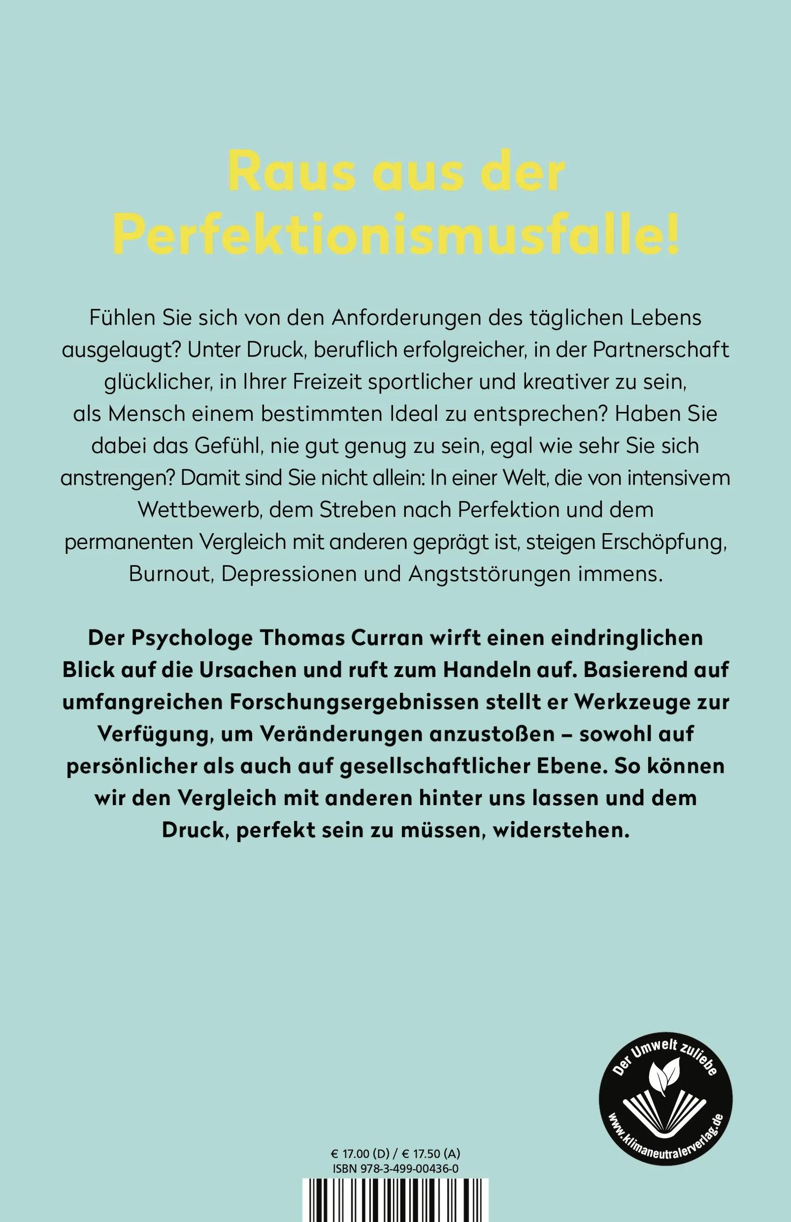 Buchrückseite von 'Nie gut genug' mit Klappentext - Paperback