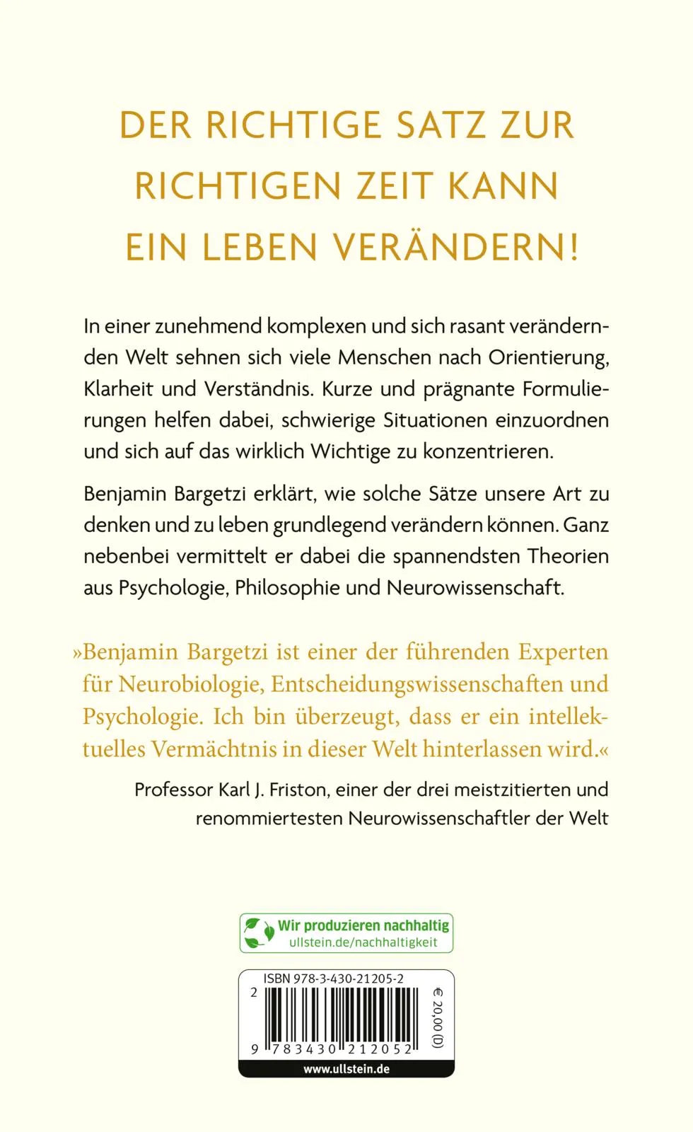 Buchrückseite von 'Nie wieder sinnlos' mit Klappentext - Gebundene Ausgabe