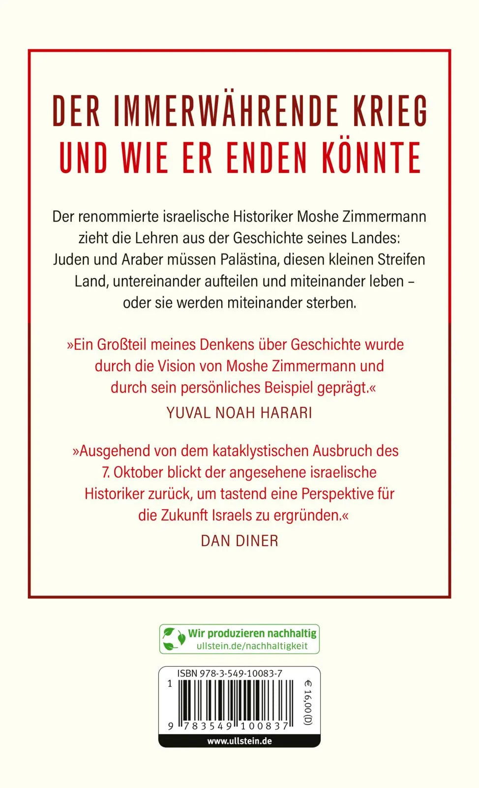 Buchrückseite von 'Niemals Frieden?' mit Klappentext - Gebundene Ausgabe