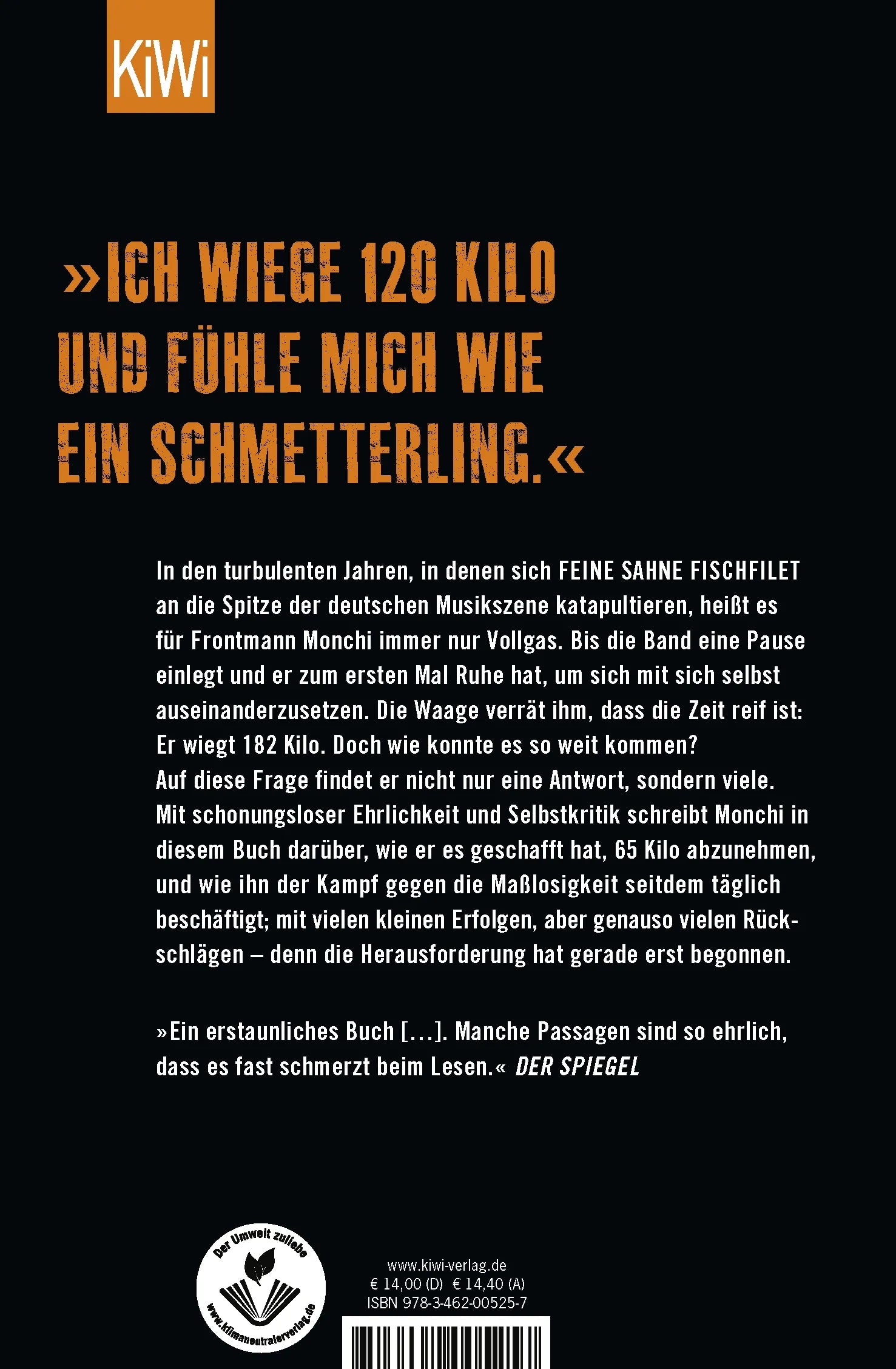 Buchrückseite von 'Niemals satt' mit Klappentext - Taschenbuch