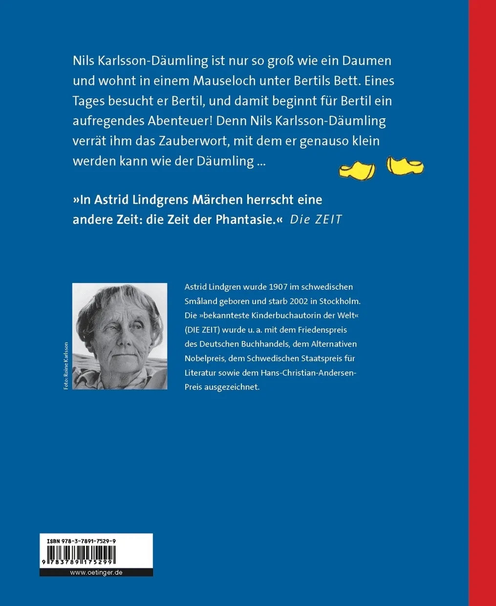 Buchrückseite von 'Nils Karlsson-Däumling' mit Klappentext - Gebundene Ausgabe