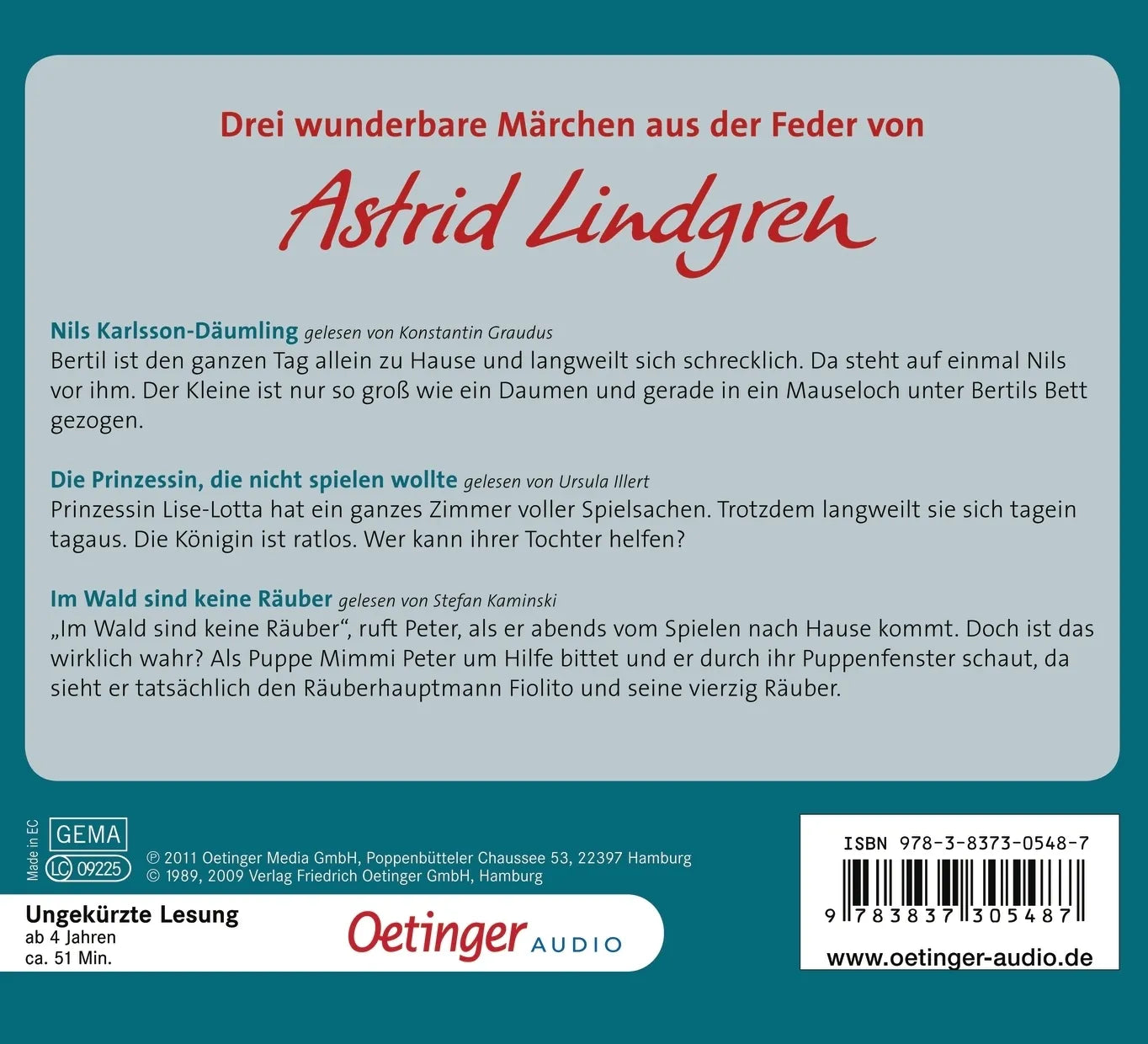 Buchrückseite von 'Nils Karlsson-Däumling und andere Geschichten' mit Klappentext - Hörbuch (CD)
