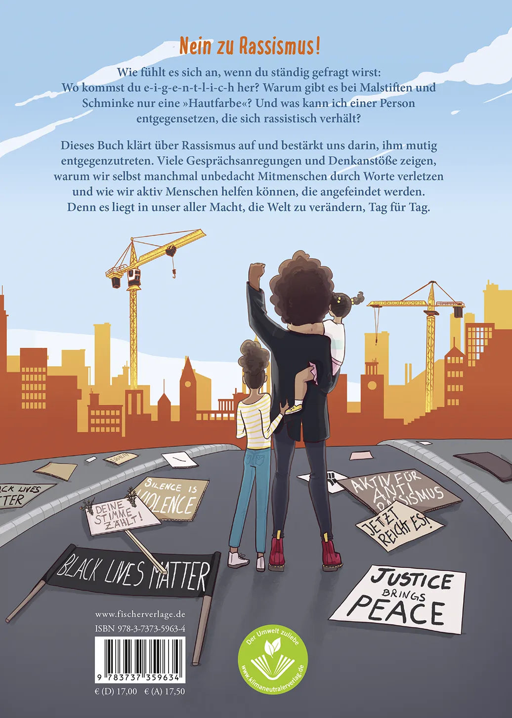 Buchrückseite von 'No to Racism!' mit Klappentext - Gebundene Ausgabe
