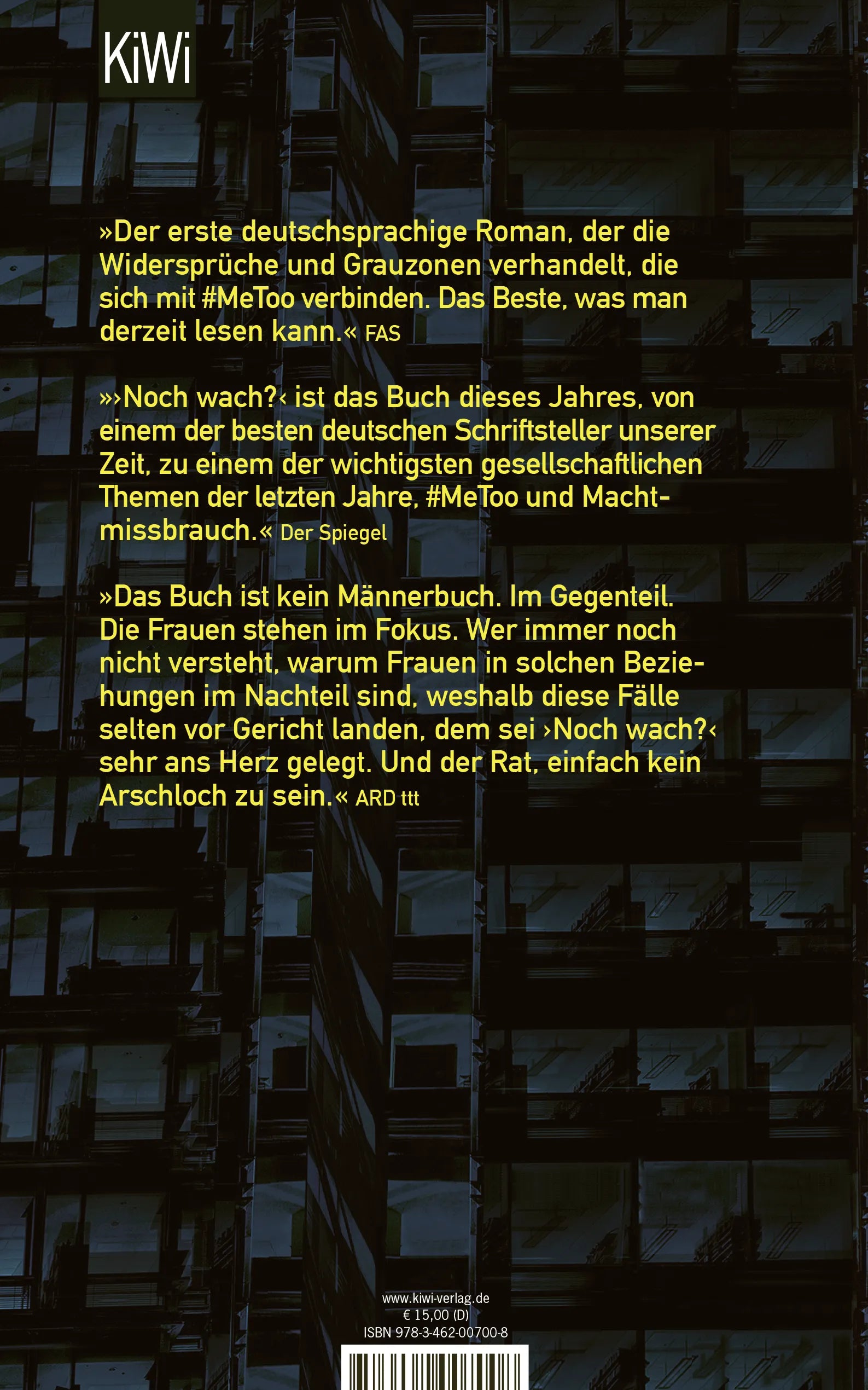 Buchrückseite von 'Noch wach?' mit Klappentext - Taschenbuch