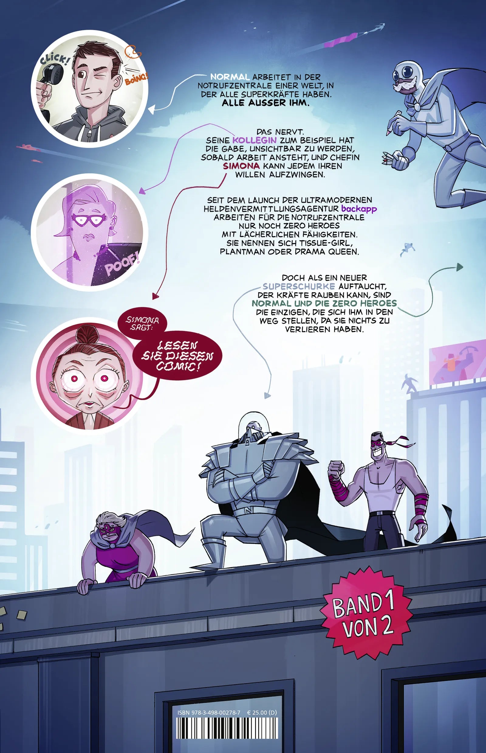 Buchrückseite von 'Normal und die Zero Heroes' mit Klappentext - Gebundene Ausgabe